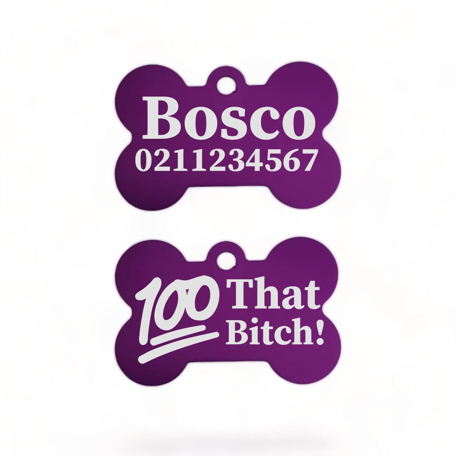 ⭐️Purr. Meow. Woof.⭐️ - 100% That Bitch | Bone Aluminium | Dog ID Pet Tag - Purple