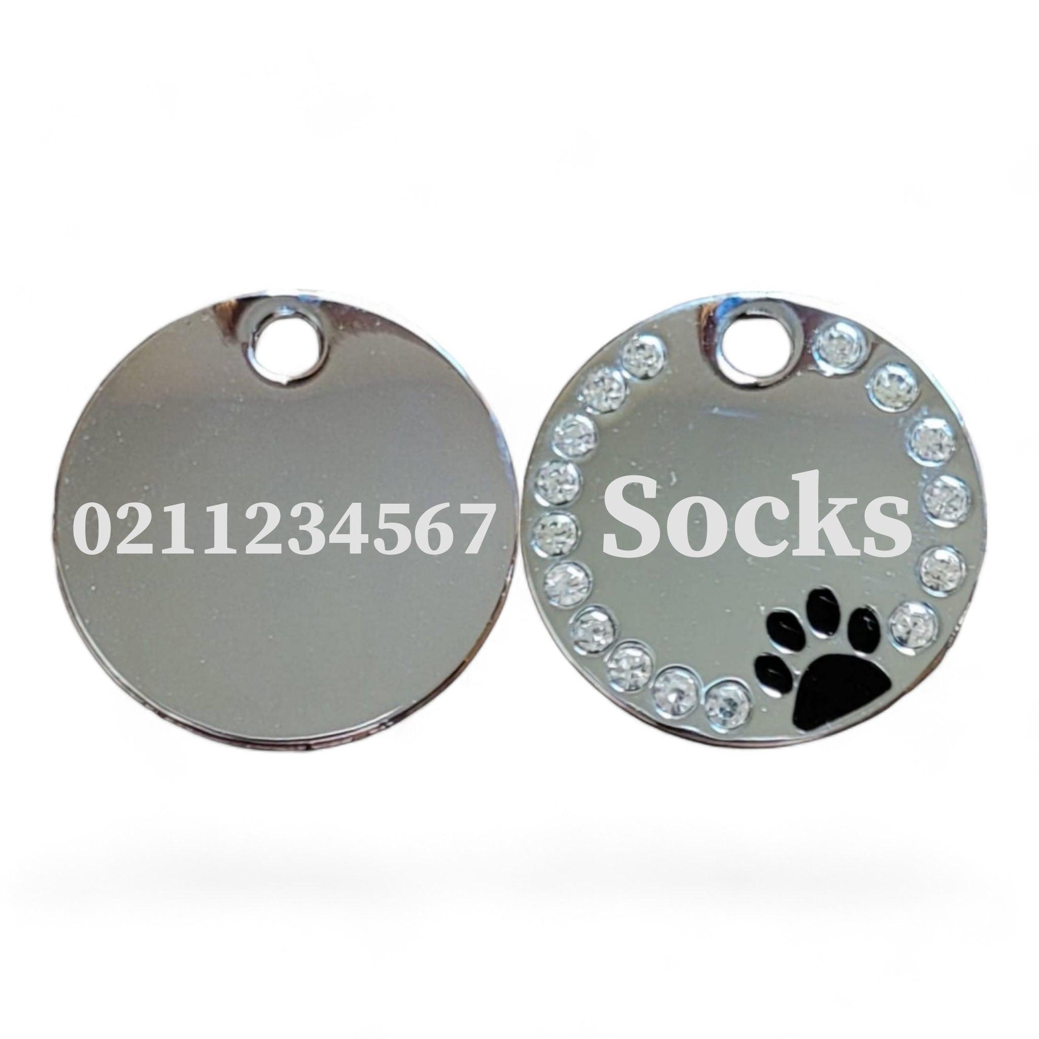 ⭐️Purr. Meow. Woof.⭐️ - Bling Round Paw Print Cat & Dog ID Pet Tag - Black