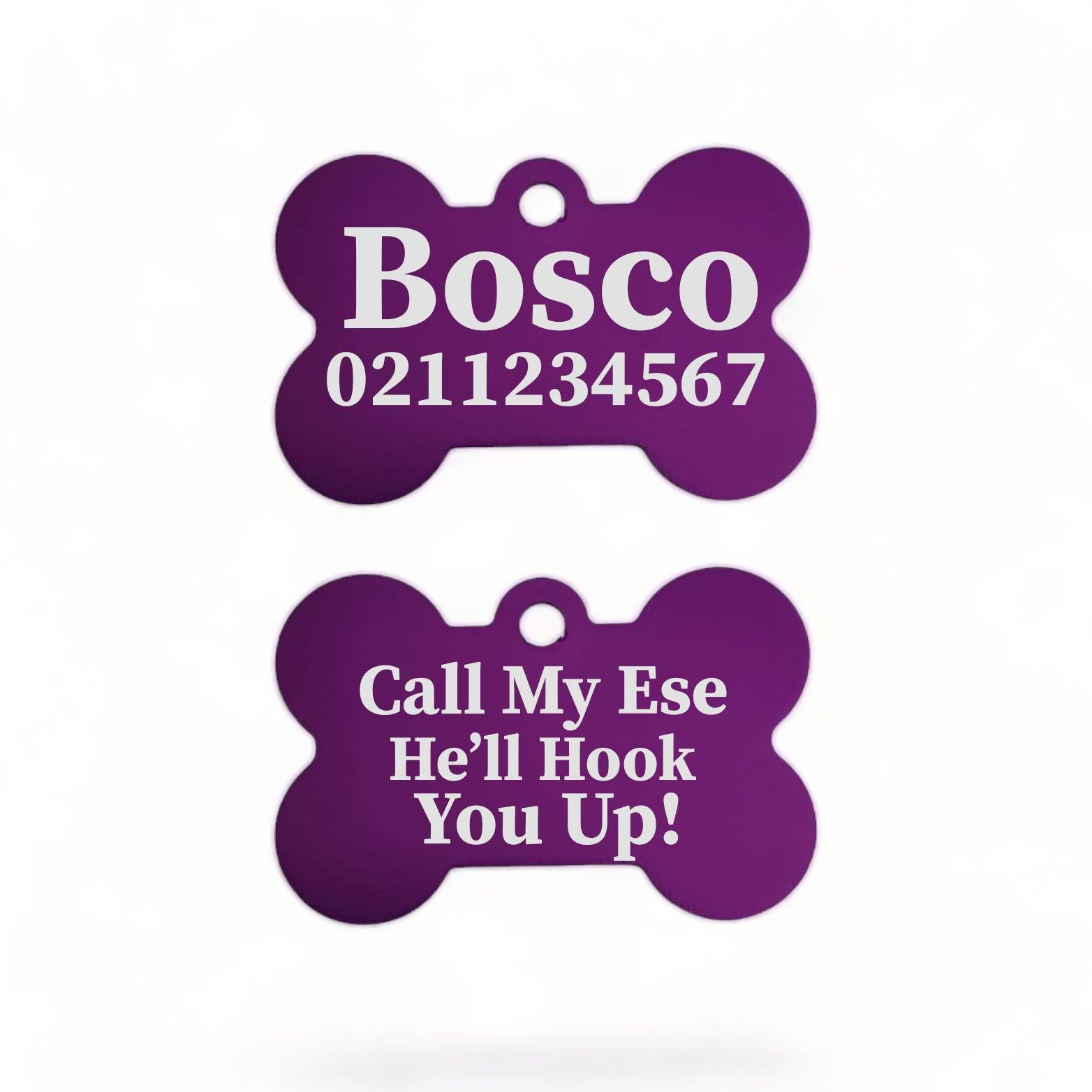 ⭐️Purr. Meow. Woof.⭐️ - Call My Ese He'll Hook You Up Bone | Bone Aluminium | ID Pet Tag - Purple