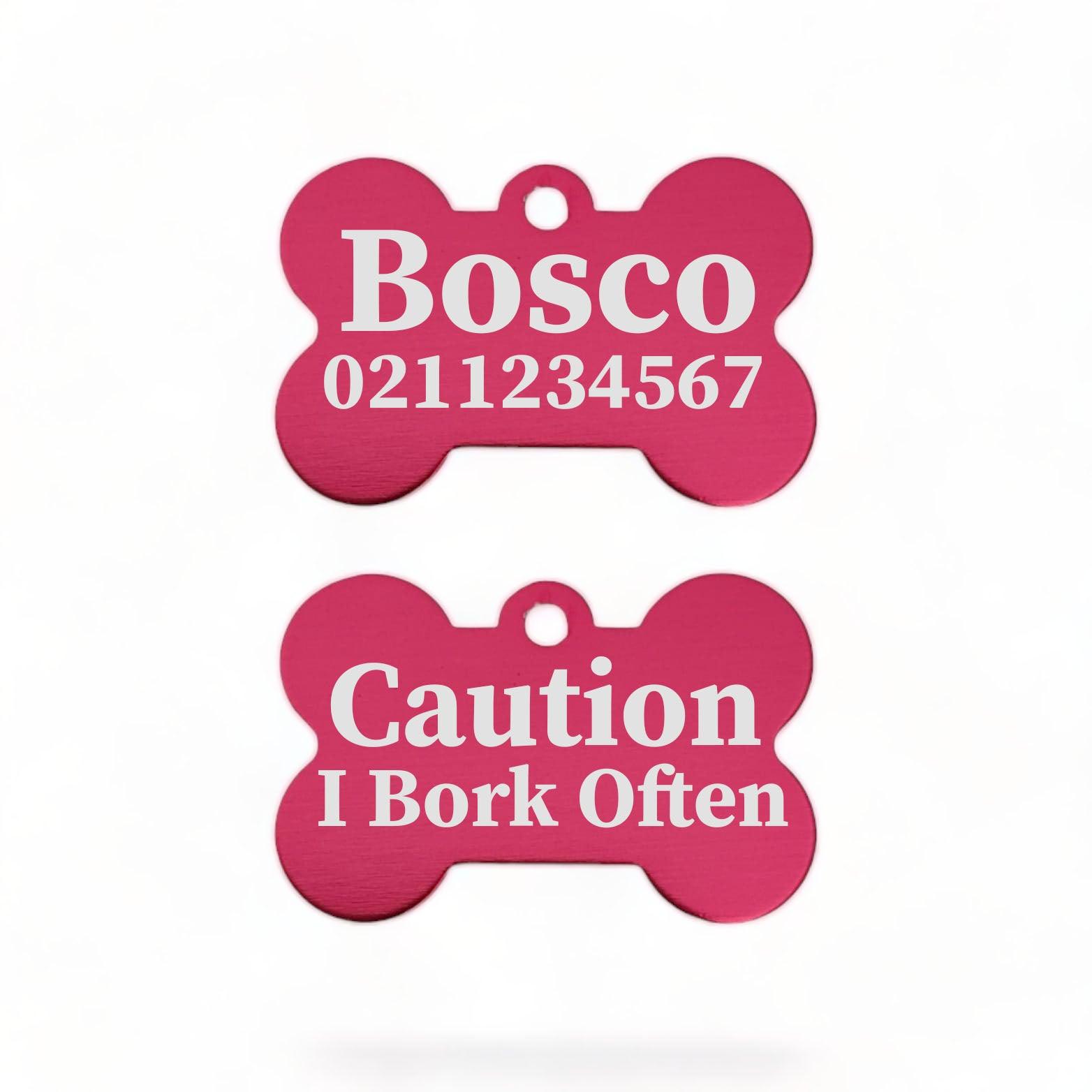 ⭐️Purr. Meow. Woof.⭐️ - Caution I Bork Often | Bone Aluminium | Dog ID Pet Tag - DeepPink