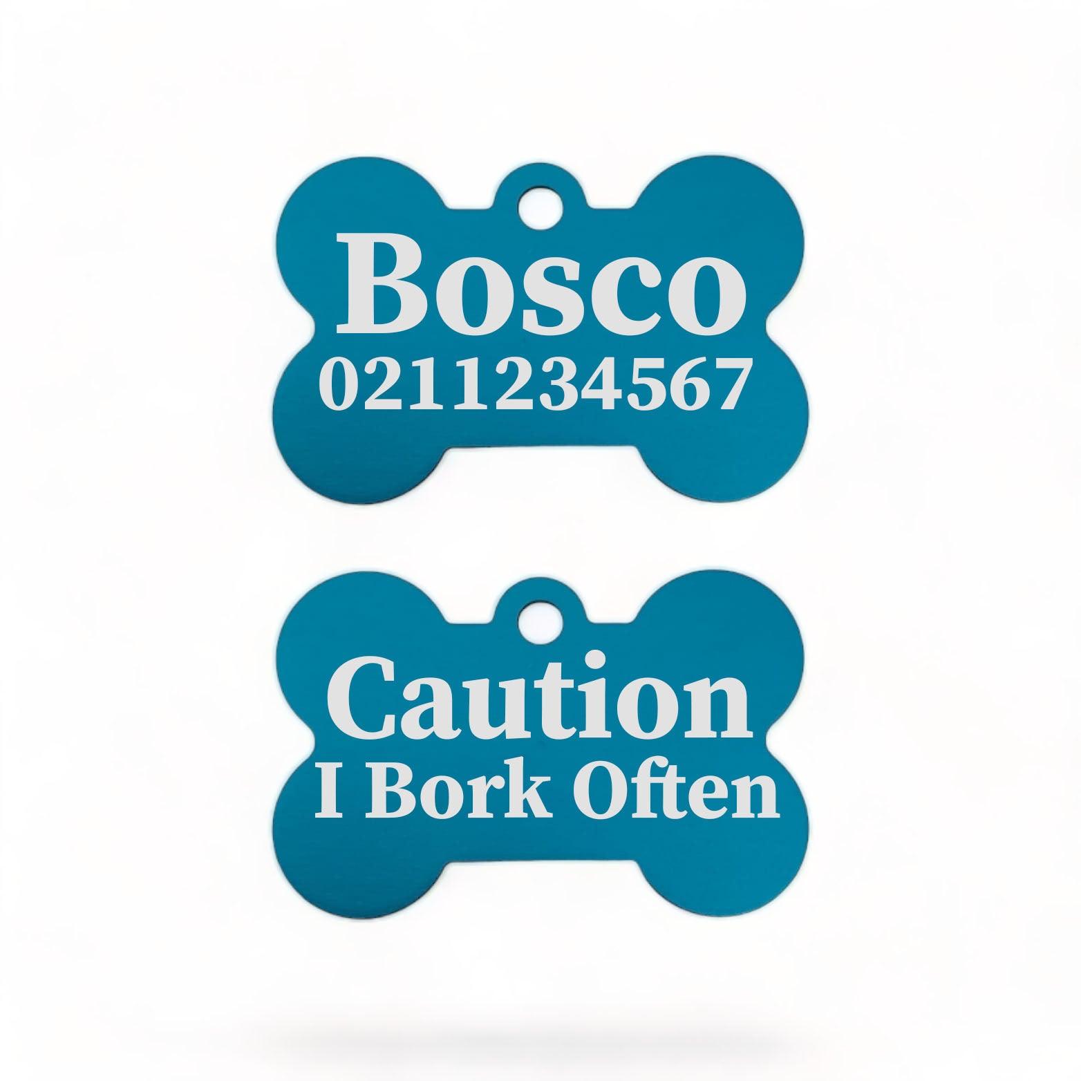 ⭐️Purr. Meow. Woof.⭐️ - Caution I Bork Often | Bone Aluminium | Dog ID Pet Tag - DodgerBlue