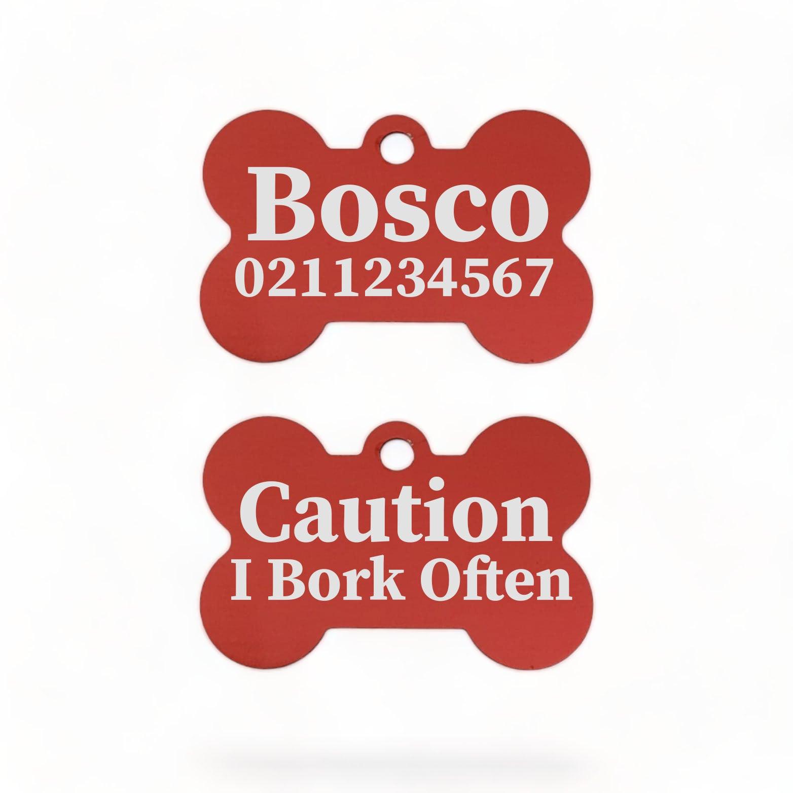 ⭐️Purr. Meow. Woof.⭐️ - Caution I Bork Often | Bone Aluminium | Dog ID Pet Tag - FireBrick