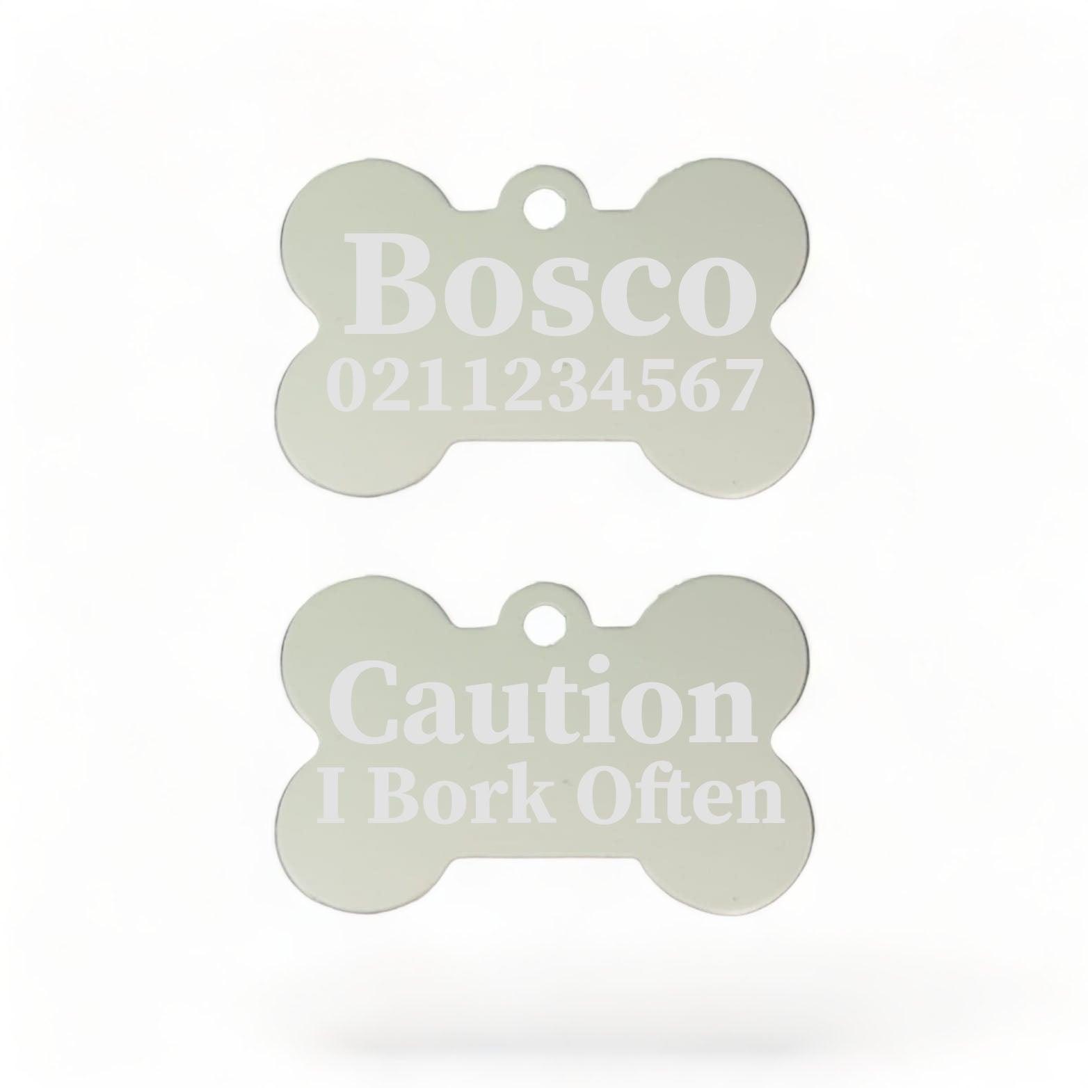 ⭐️Purr. Meow. Woof.⭐️ - Caution I Bork Often | Bone Aluminium | Dog ID Pet Tag - Silver