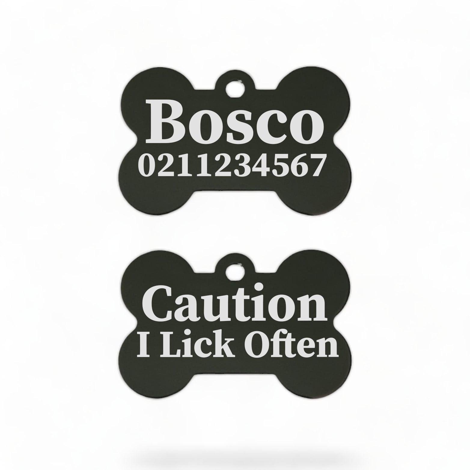 ⭐️Purr. Meow. Woof.⭐️ - Caution I Lick Often | Bone Aluminium | Dog ID Pet Tag - Black