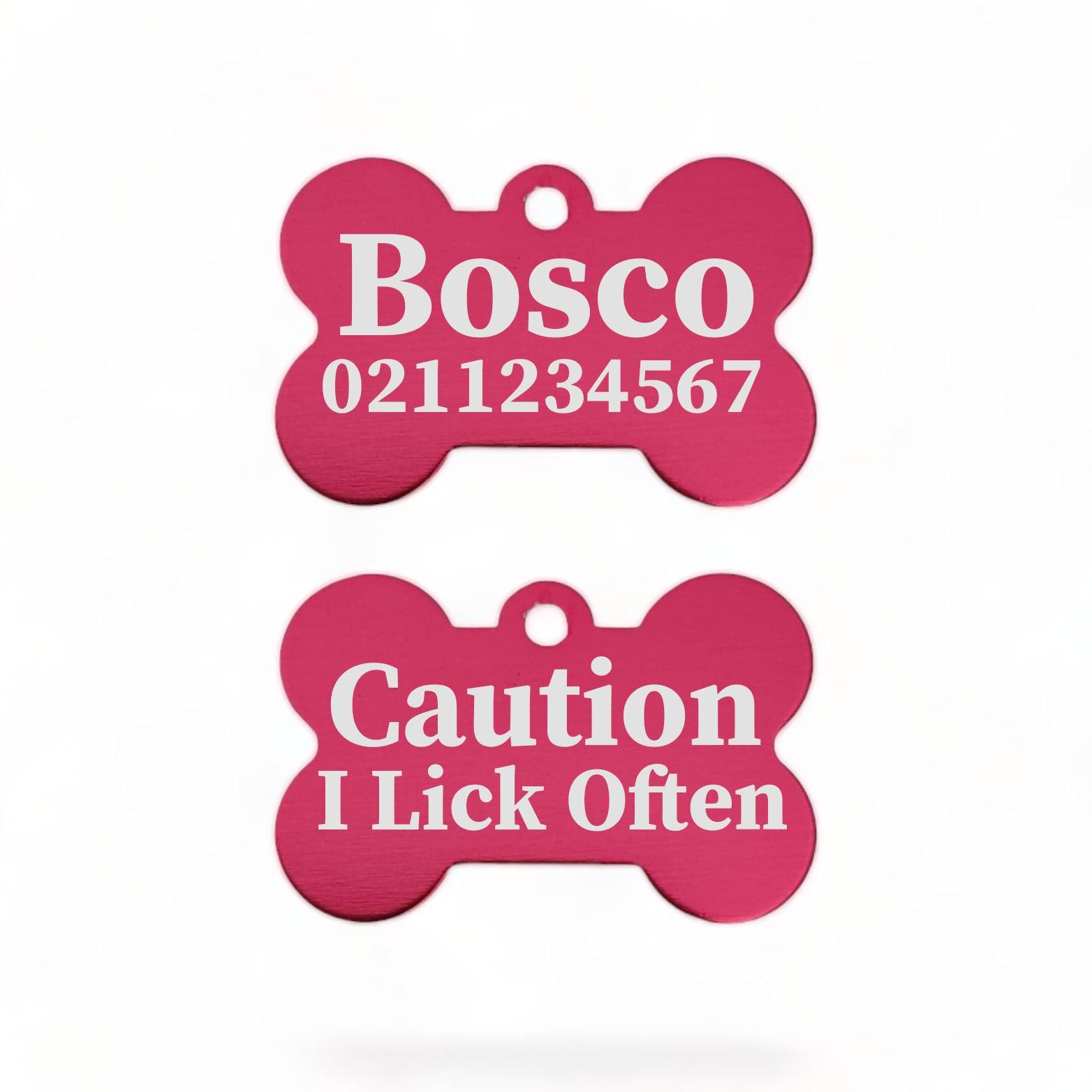 ⭐️Purr. Meow. Woof.⭐️ - Caution I Lick Often | Bone Aluminium | Dog ID Pet Tag - DeepPink