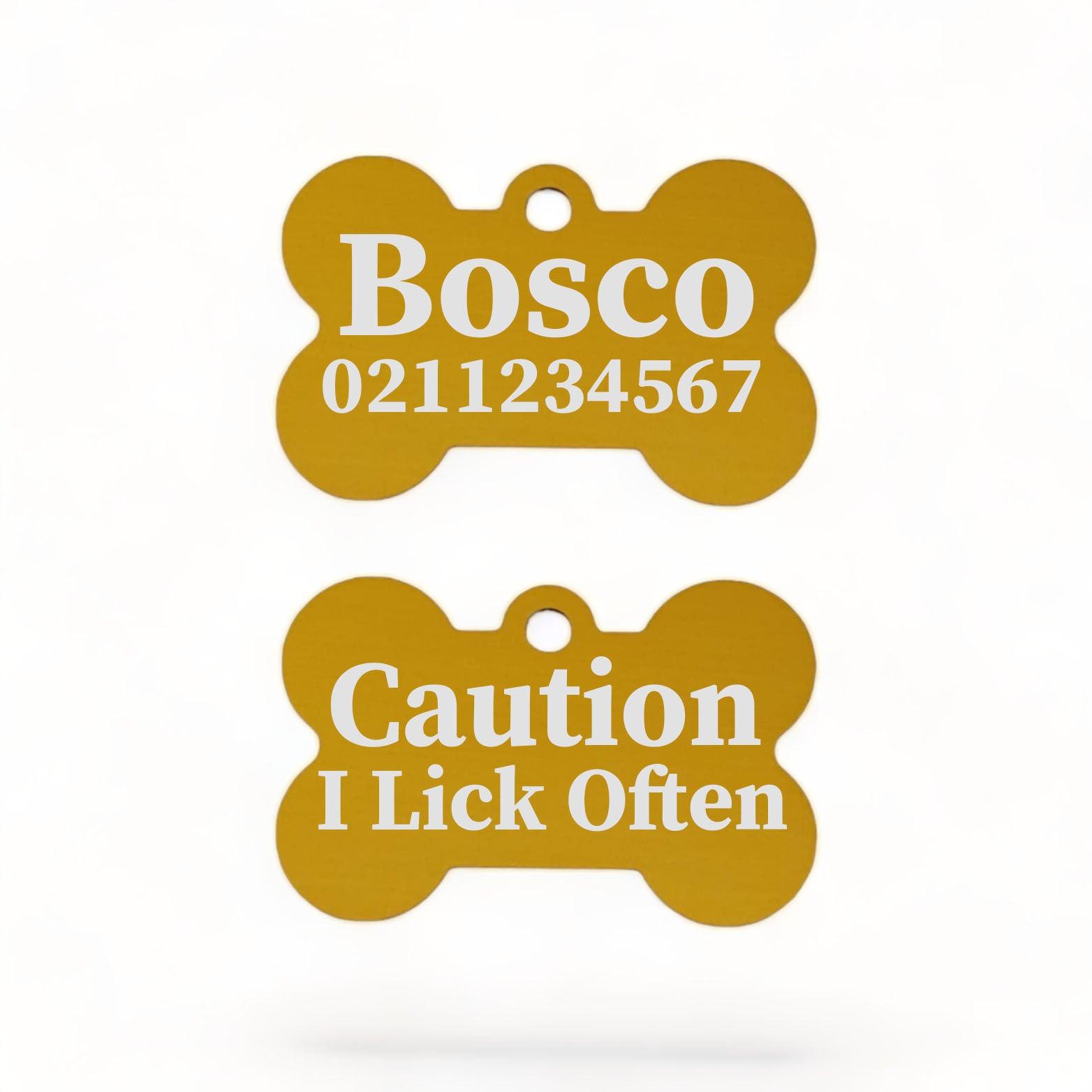 ⭐️Purr. Meow. Woof.⭐️ - Caution I Lick Often | Bone Aluminium | Dog ID Pet Tag - Gold