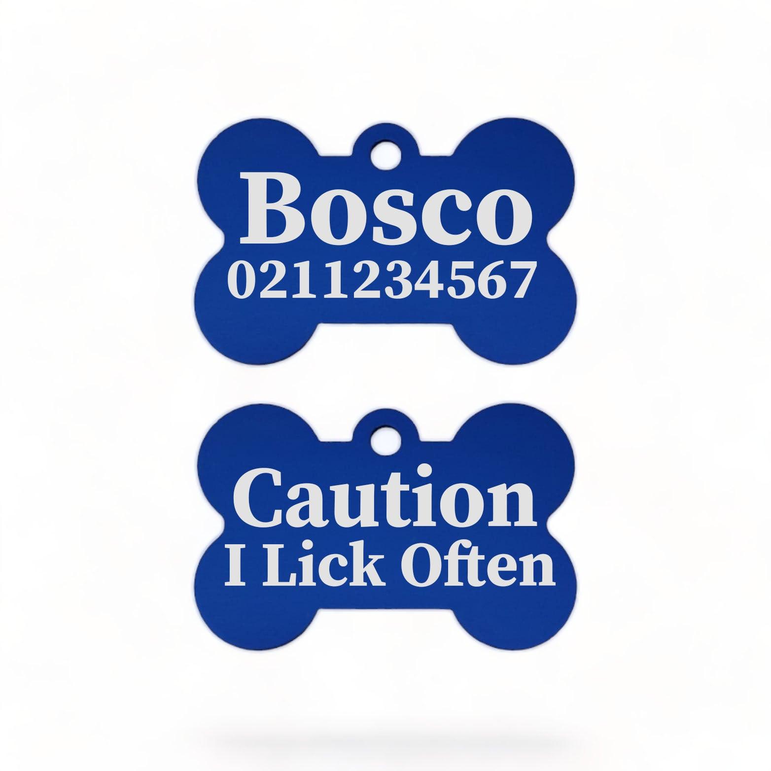 ⭐️Purr. Meow. Woof.⭐️ - Caution I Lick Often | Bone Aluminium | Dog ID Pet Tag - RoyalBlue