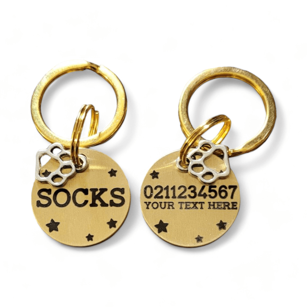 ⭐️Purr. Meow. Woof.⭐️ - Custom Text Bespoke Brass Cat & Dog ID Pet Tag - Small (Cat)