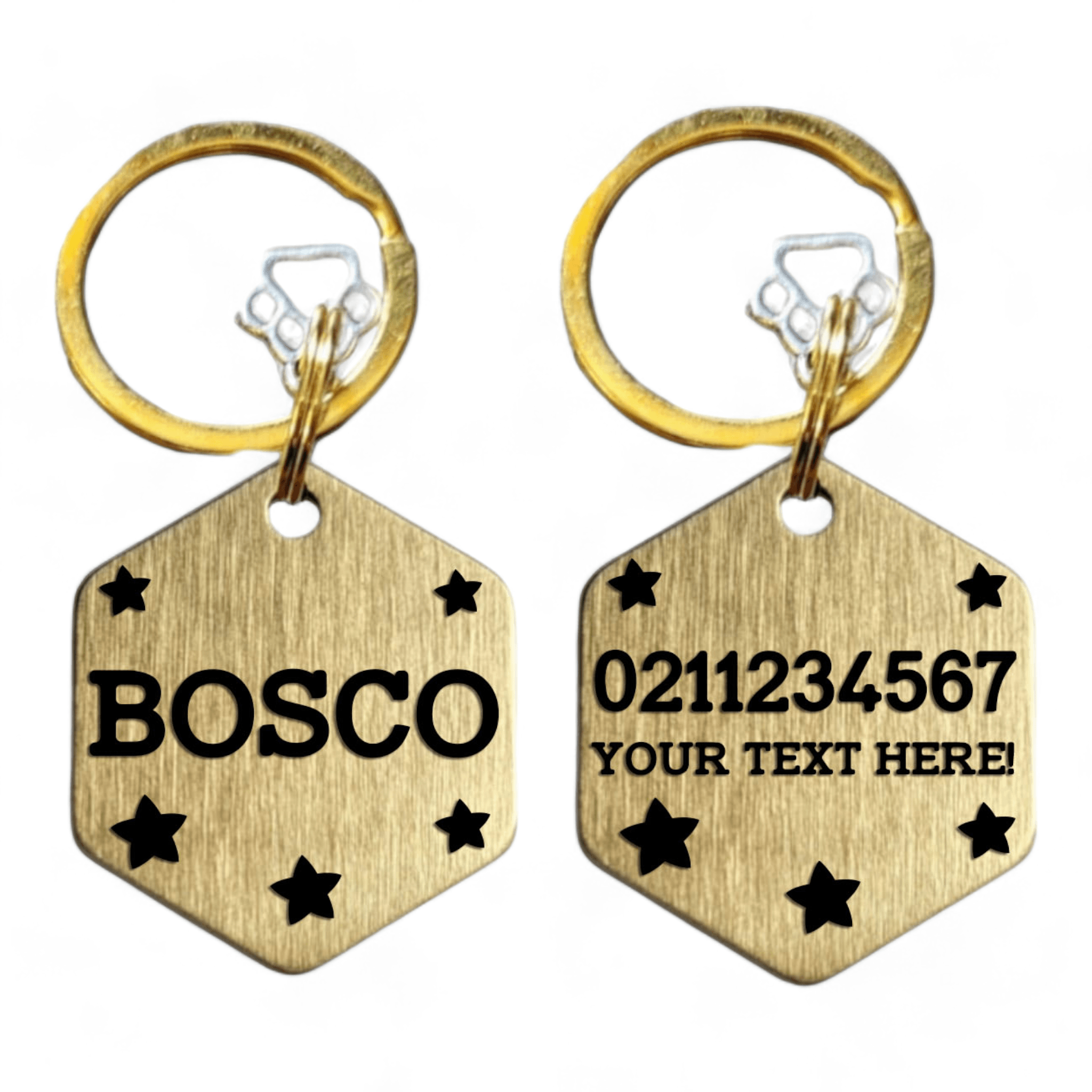 ⭐️Purr. Meow. Woof.⭐️ - Custom Text Bespoke Brass Hexagon Cat & Dog ID Pet Tag - Large (Dog)