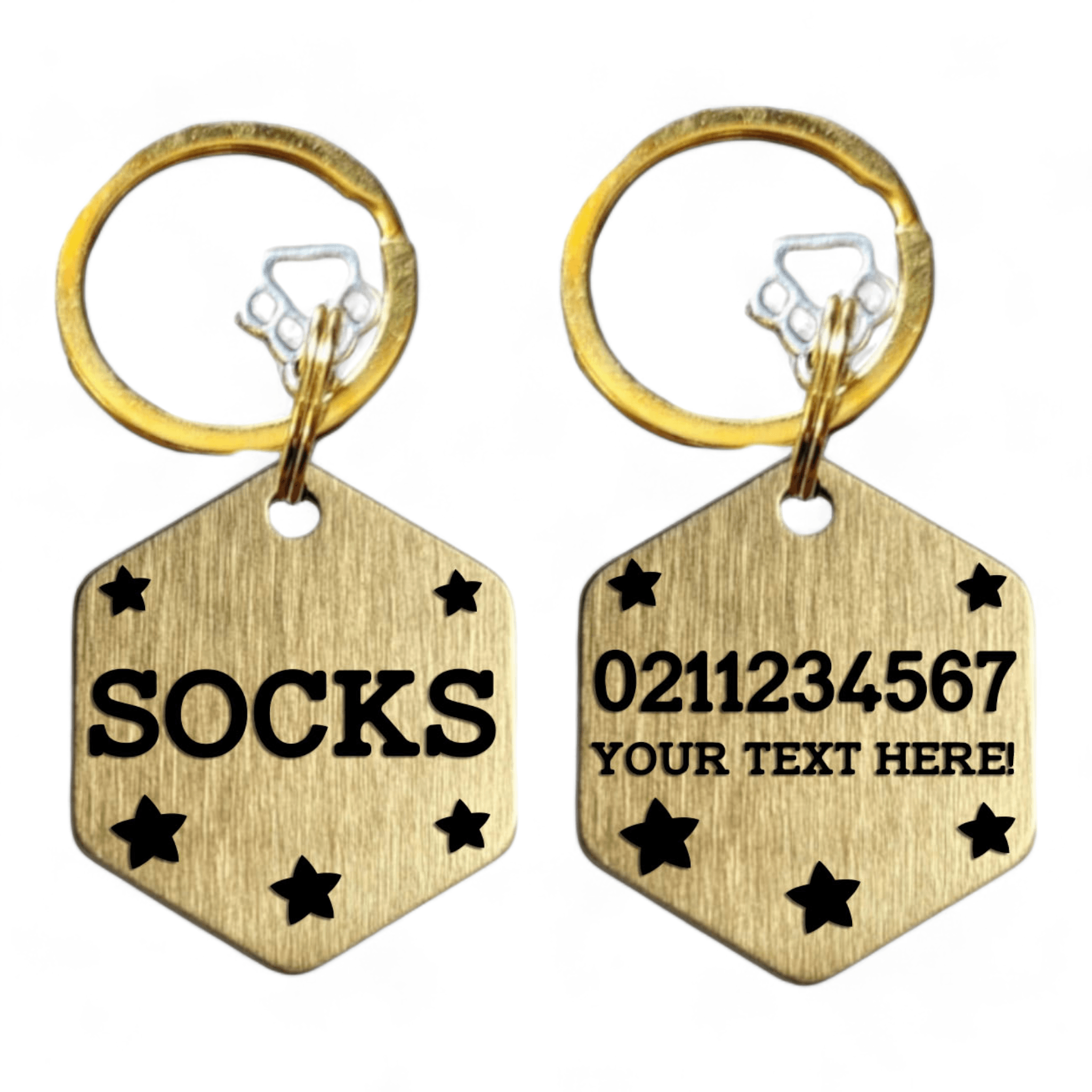 ⭐️Purr. Meow. Woof.⭐️ - Custom Text Bespoke Brass Hexagon Cat & Dog ID Pet Tag - Small (Cat)