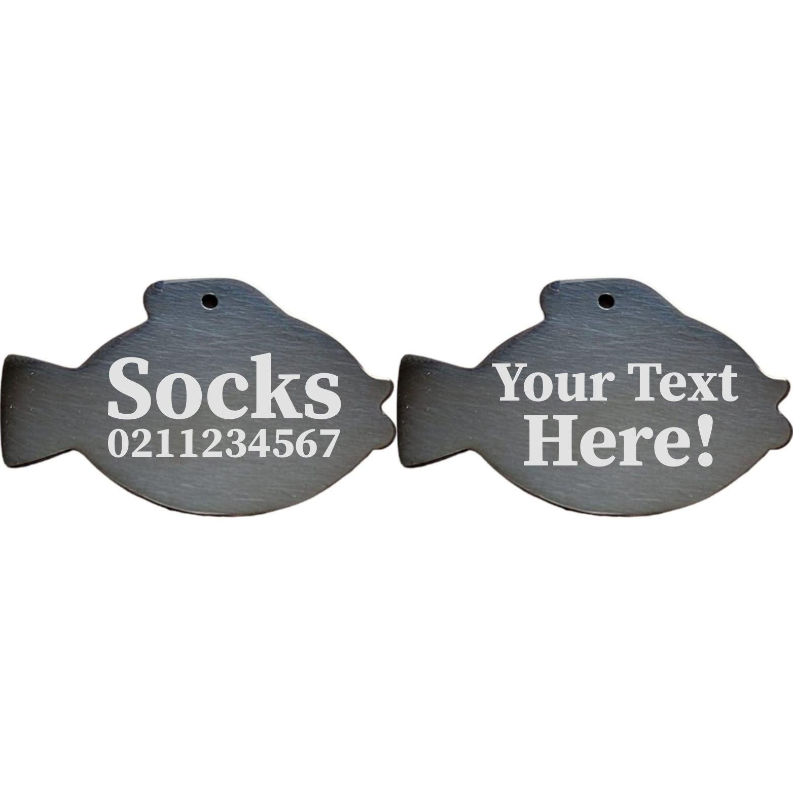 ⭐️Purr. Meow. Woof.⭐️ - Custom Text Fish | Mirror Stainless | Cat & Dog ID Pet Tag - Black