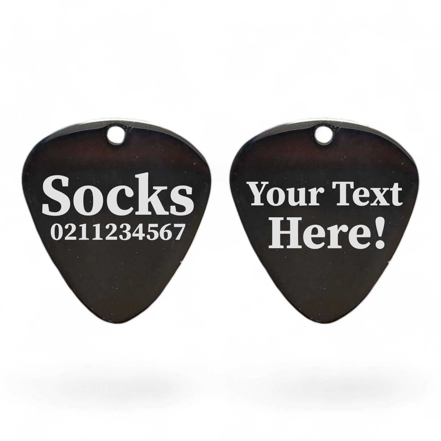 ⭐️Purr. Meow. Woof.⭐️ - Custom Text Guitar Pick | Mirror Stainless | Dog & Cat ID Pet Tag - Black