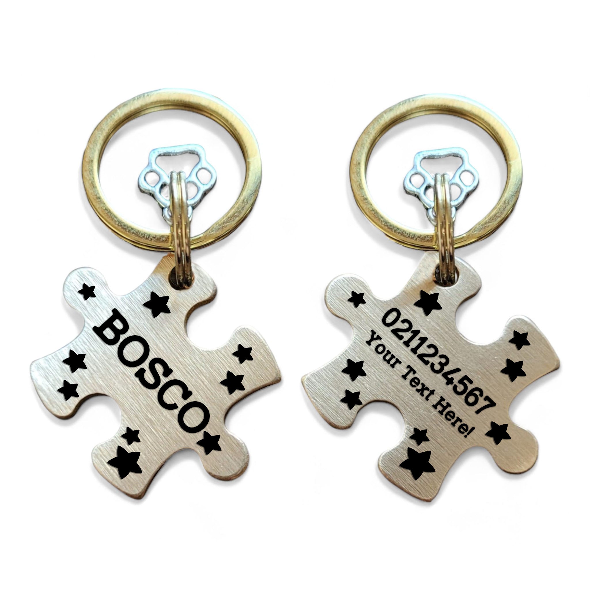 ⭐️Purr. Meow. Woof.⭐️ - Custom Text | Bespoke Brass | Puzzle Piece Cat & Dog ID Pet Tag - Stars