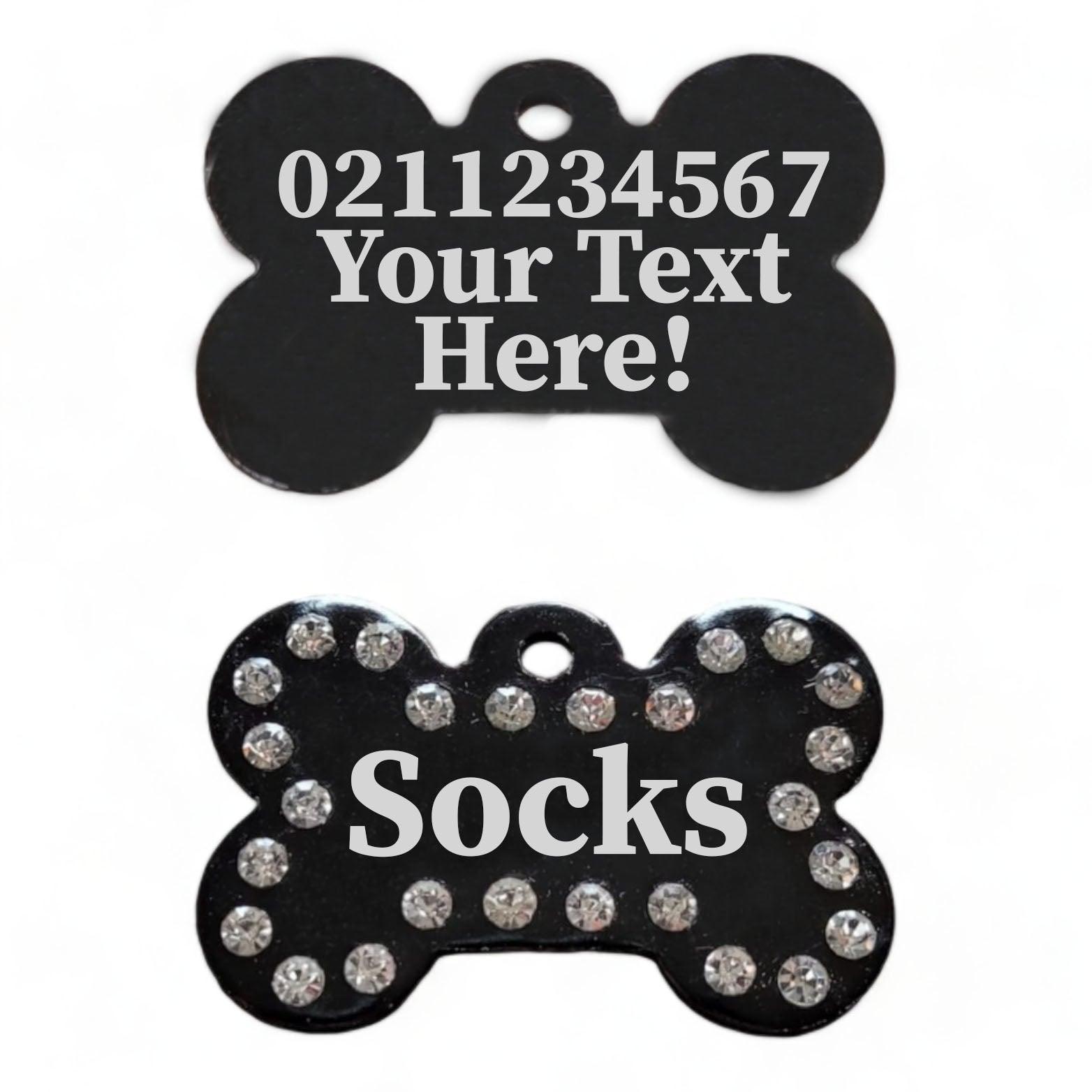 ⭐️Purr. Meow. Woof.⭐️ - Custom Text | Bling Bone Aluminium | Dog ID Pet Tag - Black