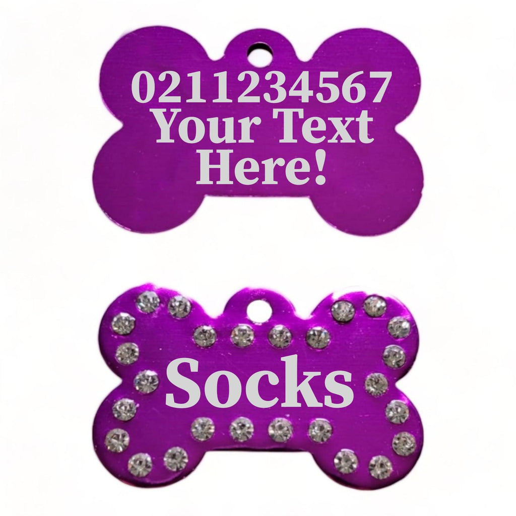 ⭐️Purr. Meow. Woof.⭐️ - Custom Text | Bling Bone Aluminium | Dog ID Pet Tag - Purple