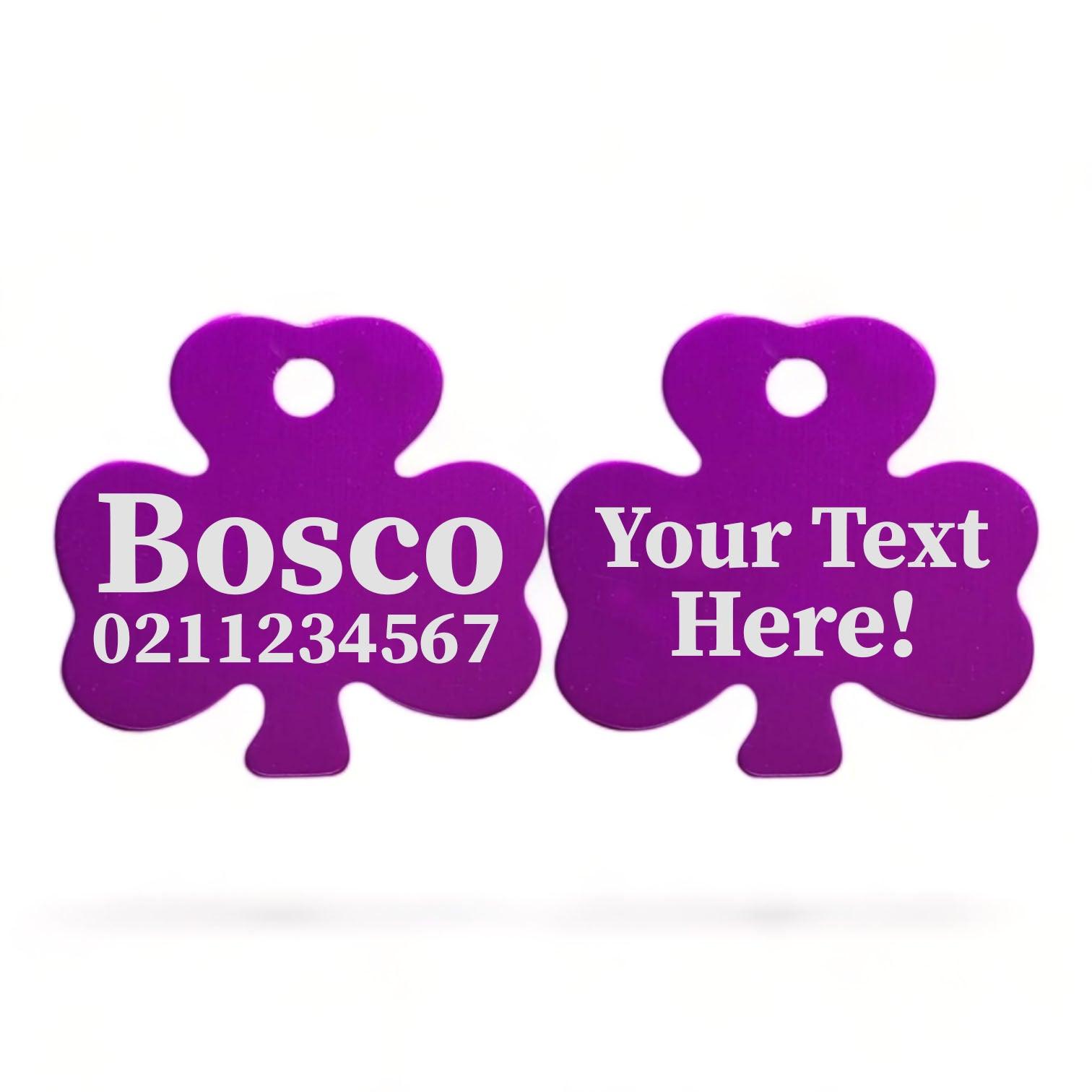 ⭐️Purr. Meow. Woof.⭐️ - Custom Text | Shamrock Aluminum | Cat, Kitten & Dog ID Pet Tag - Purple