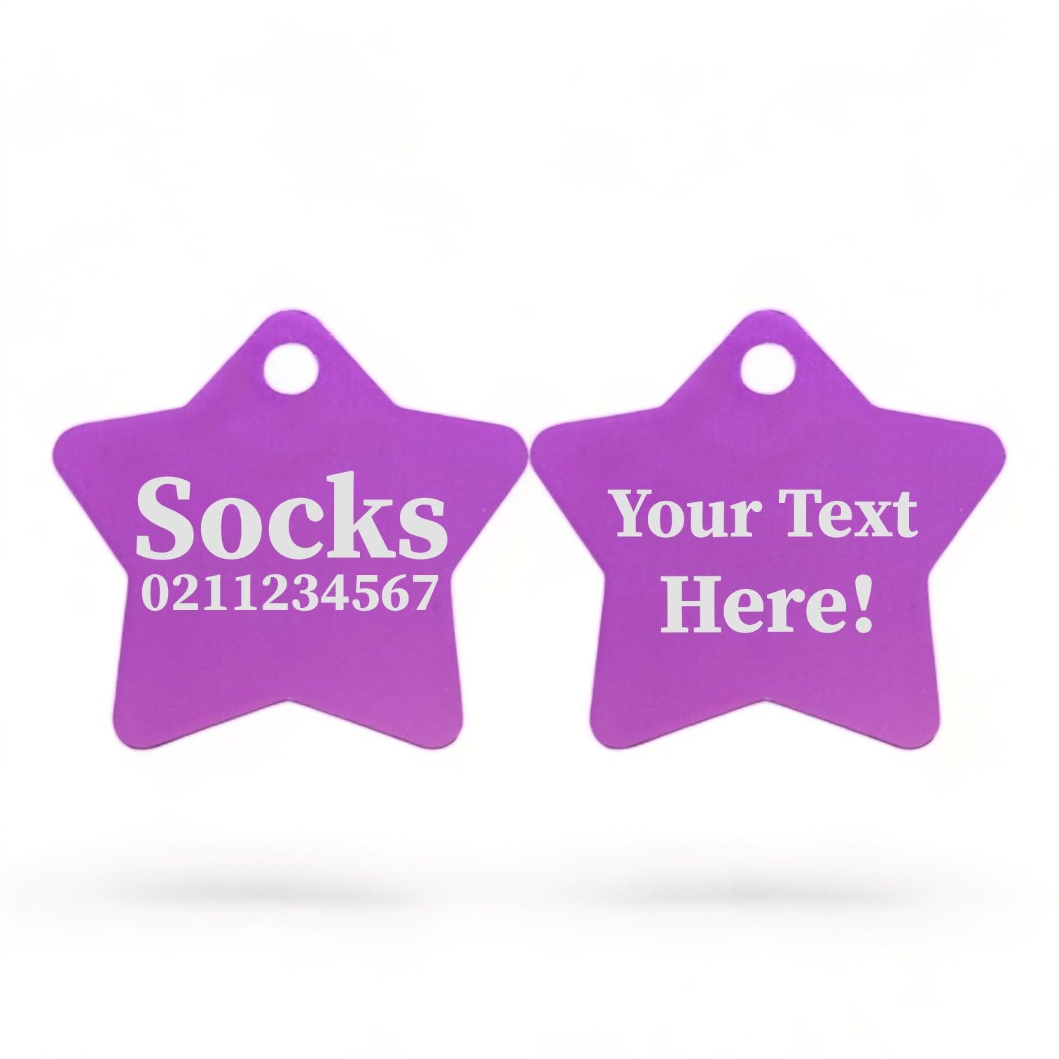 ⭐️Purr. Meow. Woof.⭐️ - Custom Text | Star Aluminum | Cat, Kitten & Dog ID Pet Tag - Purple / Cat (Small)