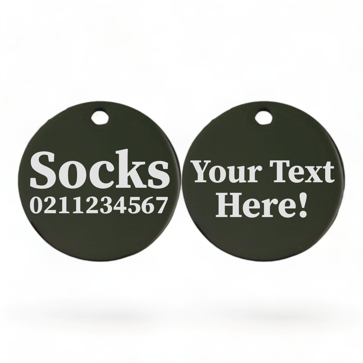 ⭐️Purr. Meow. Woof.⭐️ - Custom Text Round | Mirror Stainless | Cat ID Pet Tag - Black