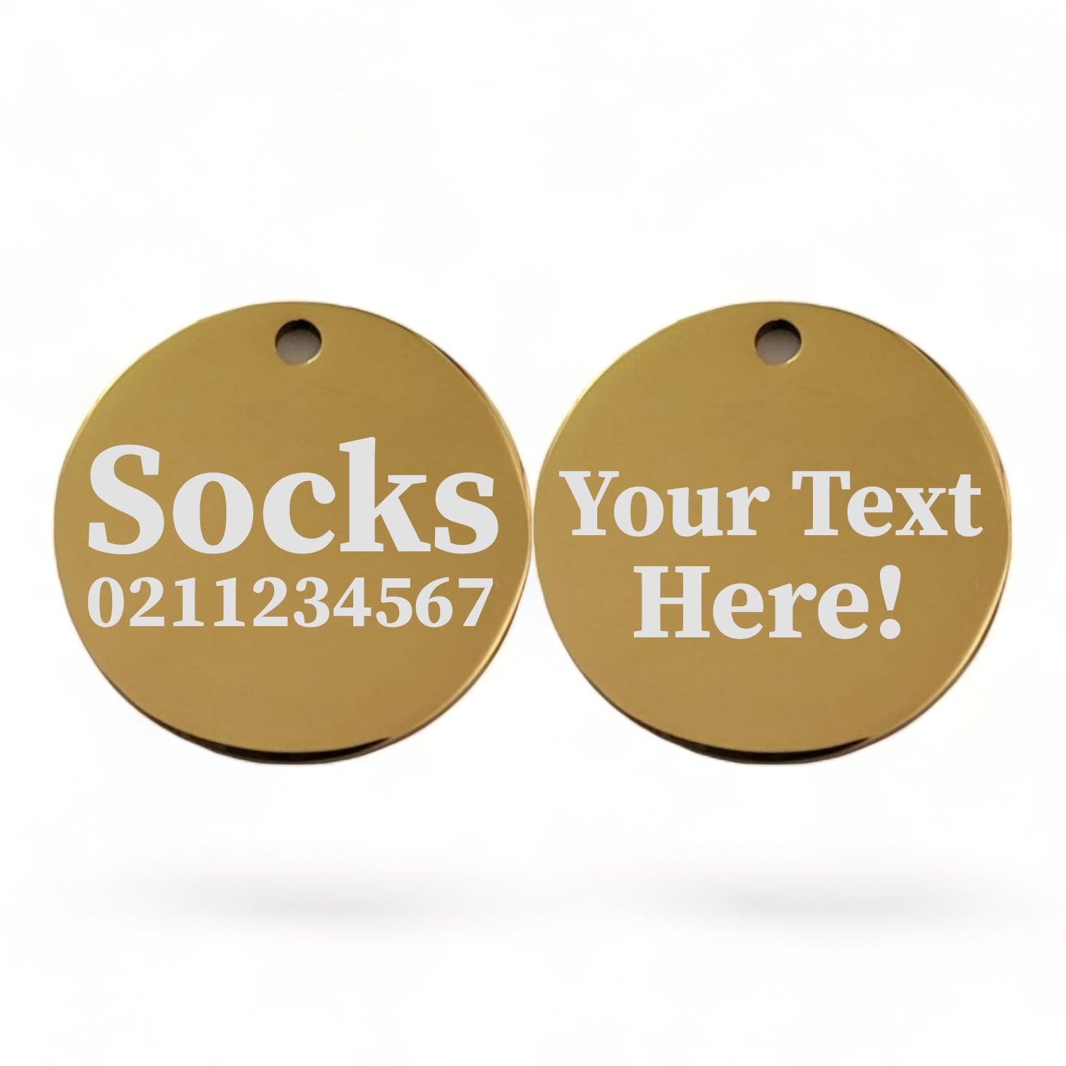 ⭐️Purr. Meow. Woof.⭐️ - Custom Text Round | Mirror Stainless | Cat ID Pet Tag - Gold