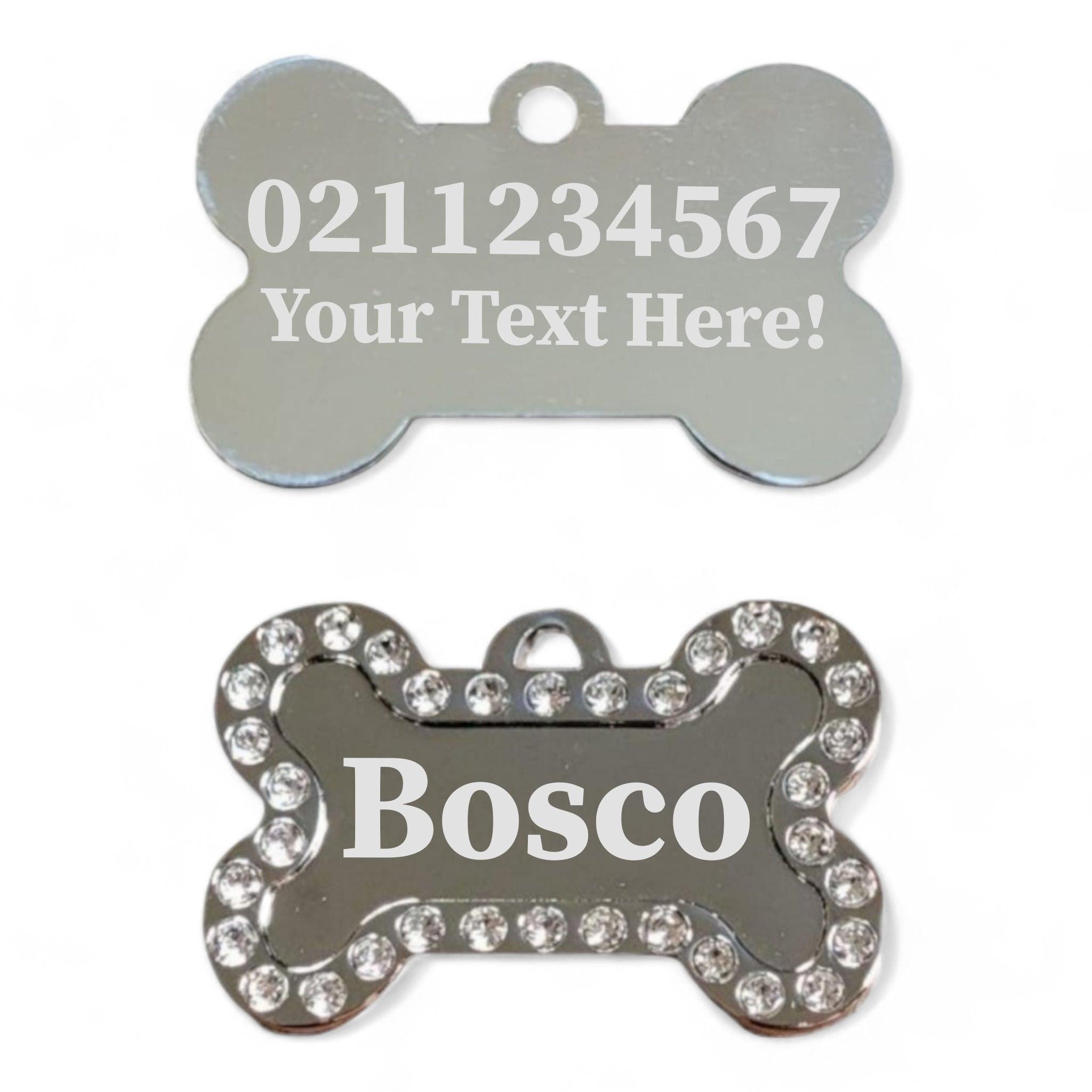 ⭐️Purr. Meow. Woof.⭐️ - Custom Text Sparkly Bone Dog ID Pet Tag - White