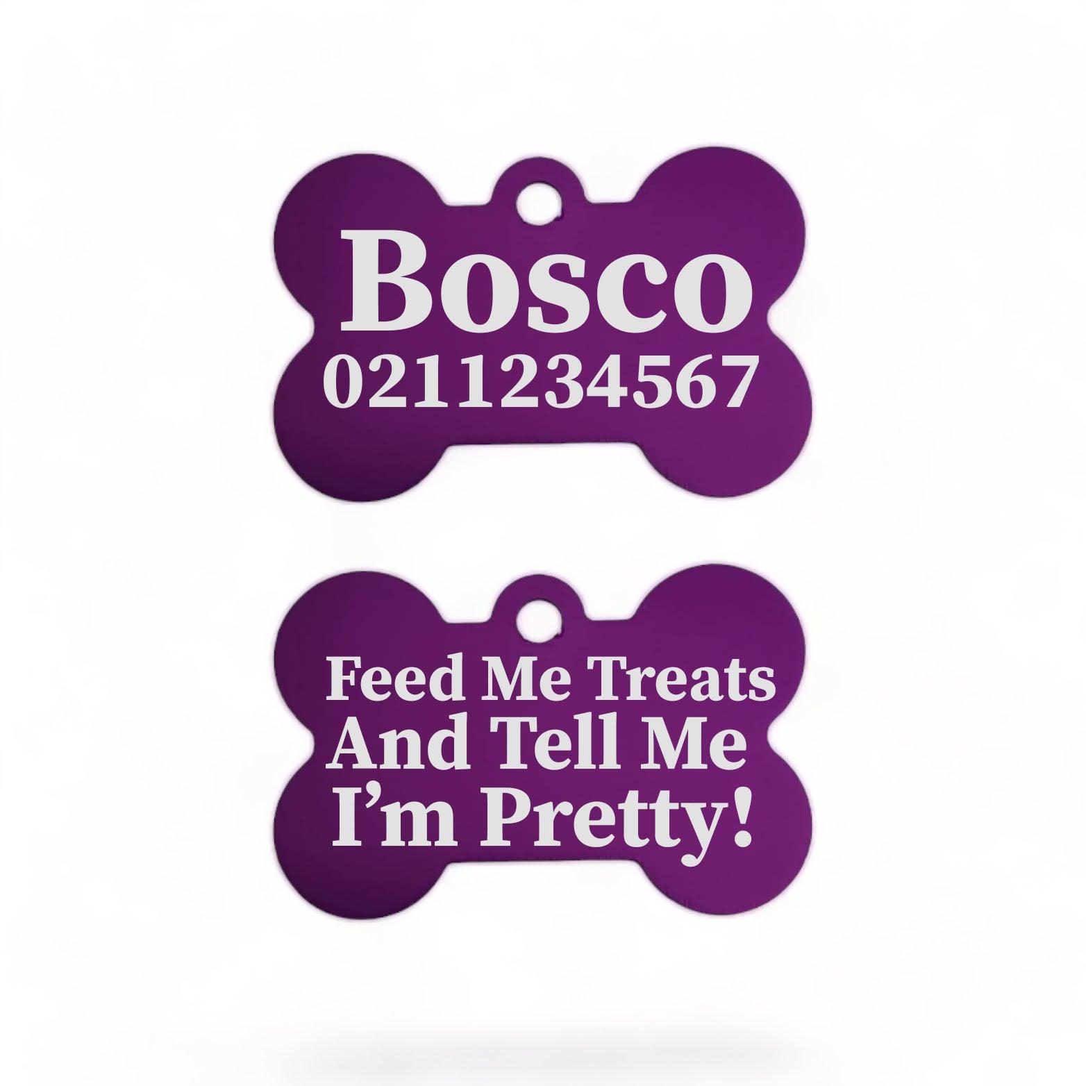 ⭐️Purr. Meow. Woof.⭐️ - Feed Me Treats & Tell Me I'm Pretty Dog | Bone Aluminium | Dog ID Pet Tag - Purple