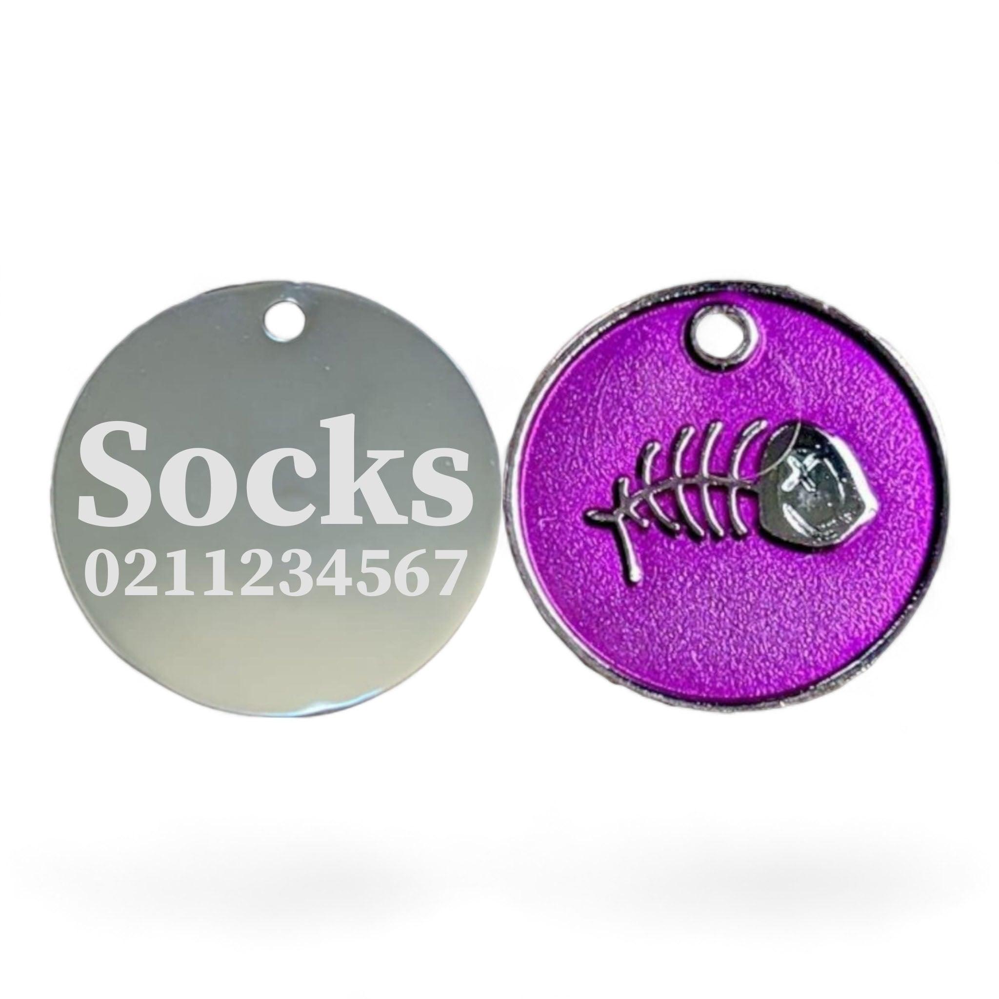 ⭐️Purr. Meow. Woof.⭐️ - Fish Round Cat & Dog ID Pet Tag - Purple