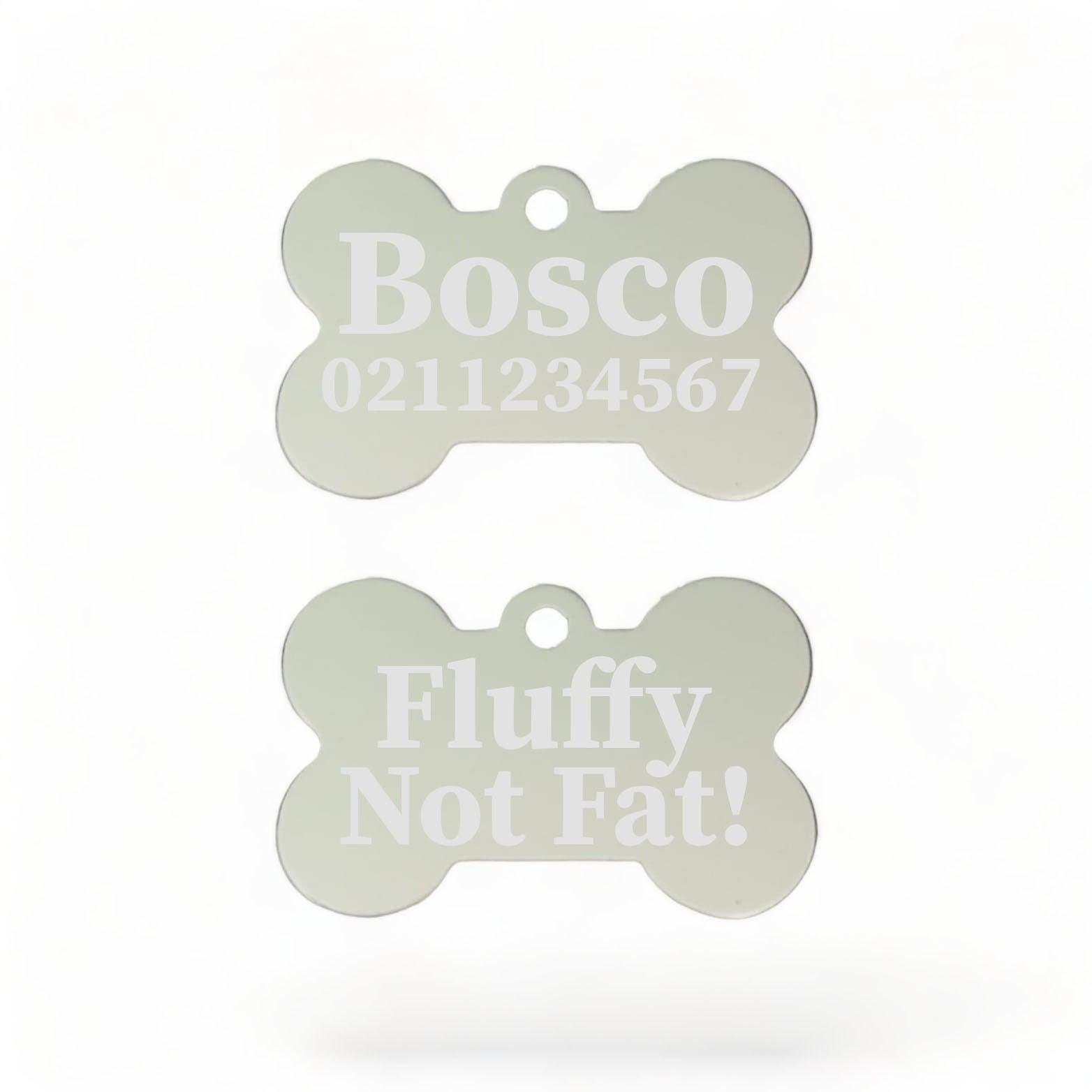 ⭐️Purr. Meow. Woof.⭐️ - Fluffy Not Fat! | Bone Aluminium | Dog ID Pet Tag - Silver