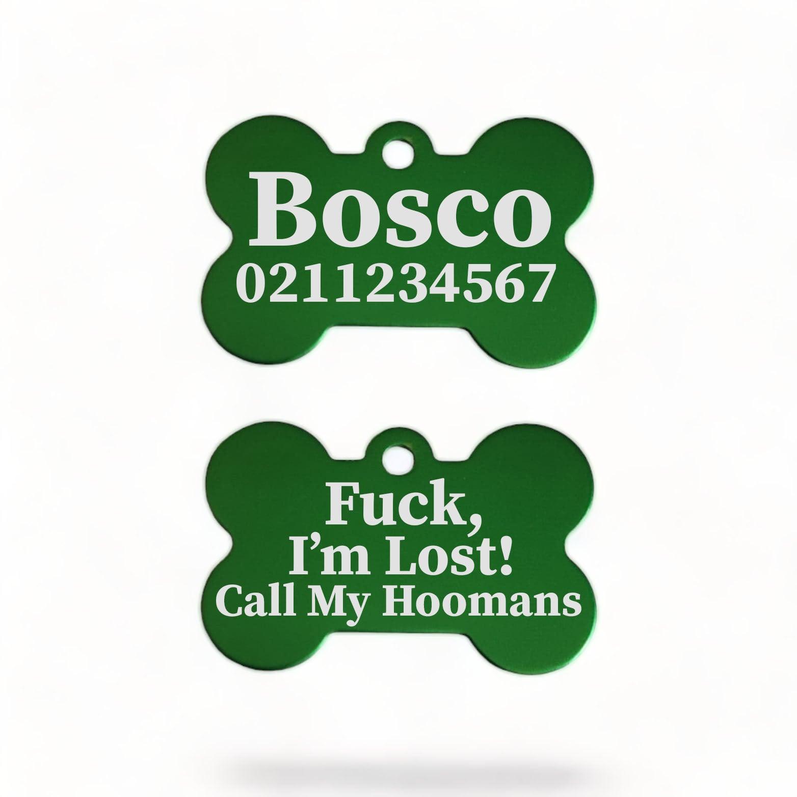 ⭐️Purr. Meow. Woof.⭐️ - Fuck, I'm Lost! Call My Hoomans | Bone Aluminium | Dog ID Pet Tag - MediumSpringGreen