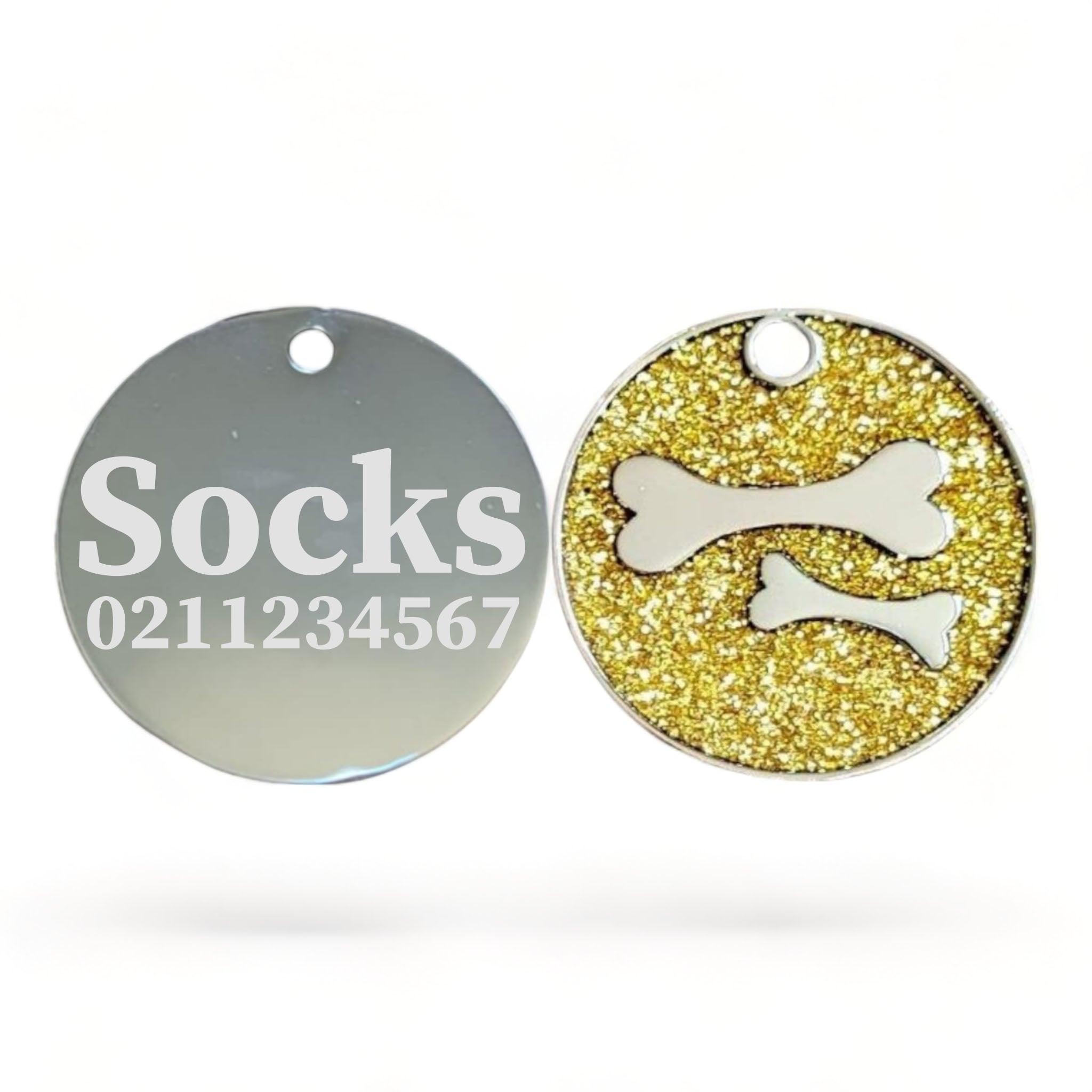 ⭐️Purr. Meow. Woof.⭐️ - Glitter Bone Round Dog ID Pet Tag - Gold