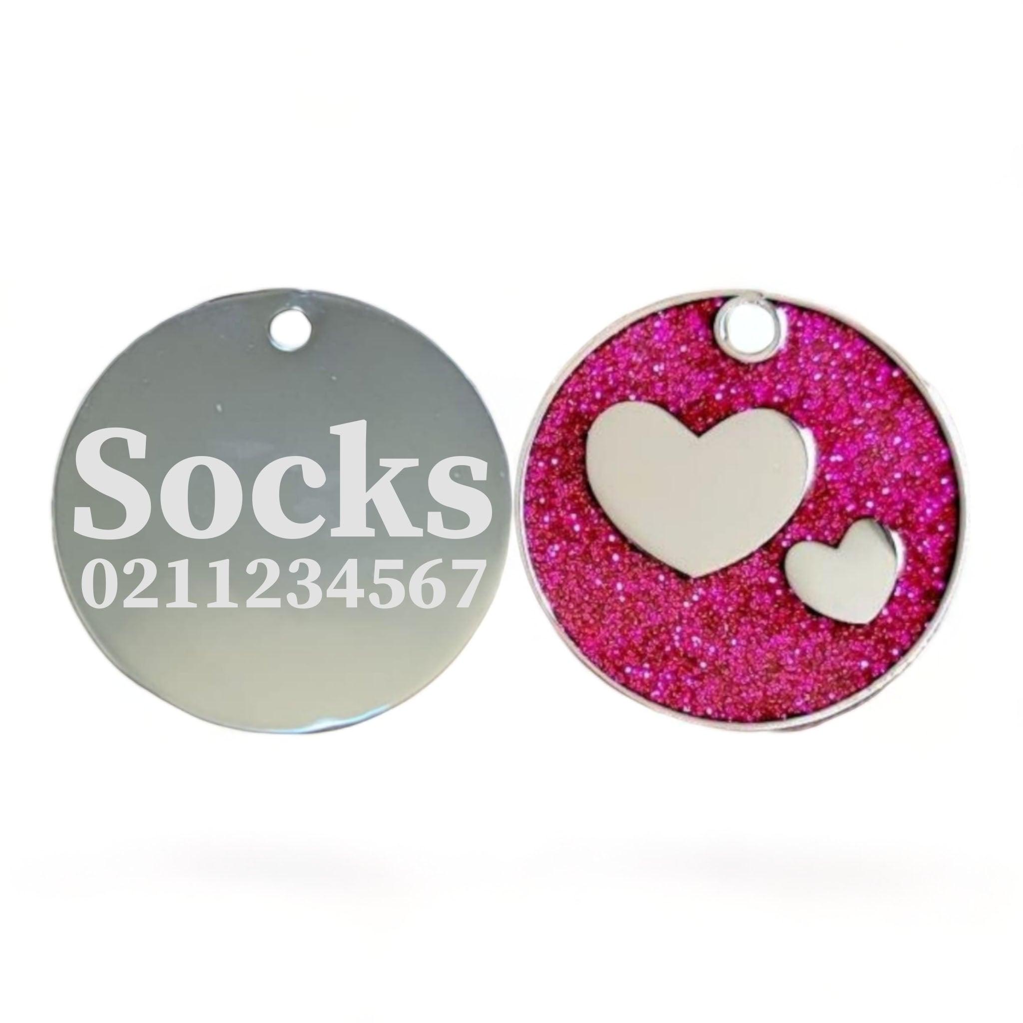 ⭐️Purr. Meow. Woof.⭐️ - Glitter Heart Round Cat & Dog ID Pet Tag - DeepPink