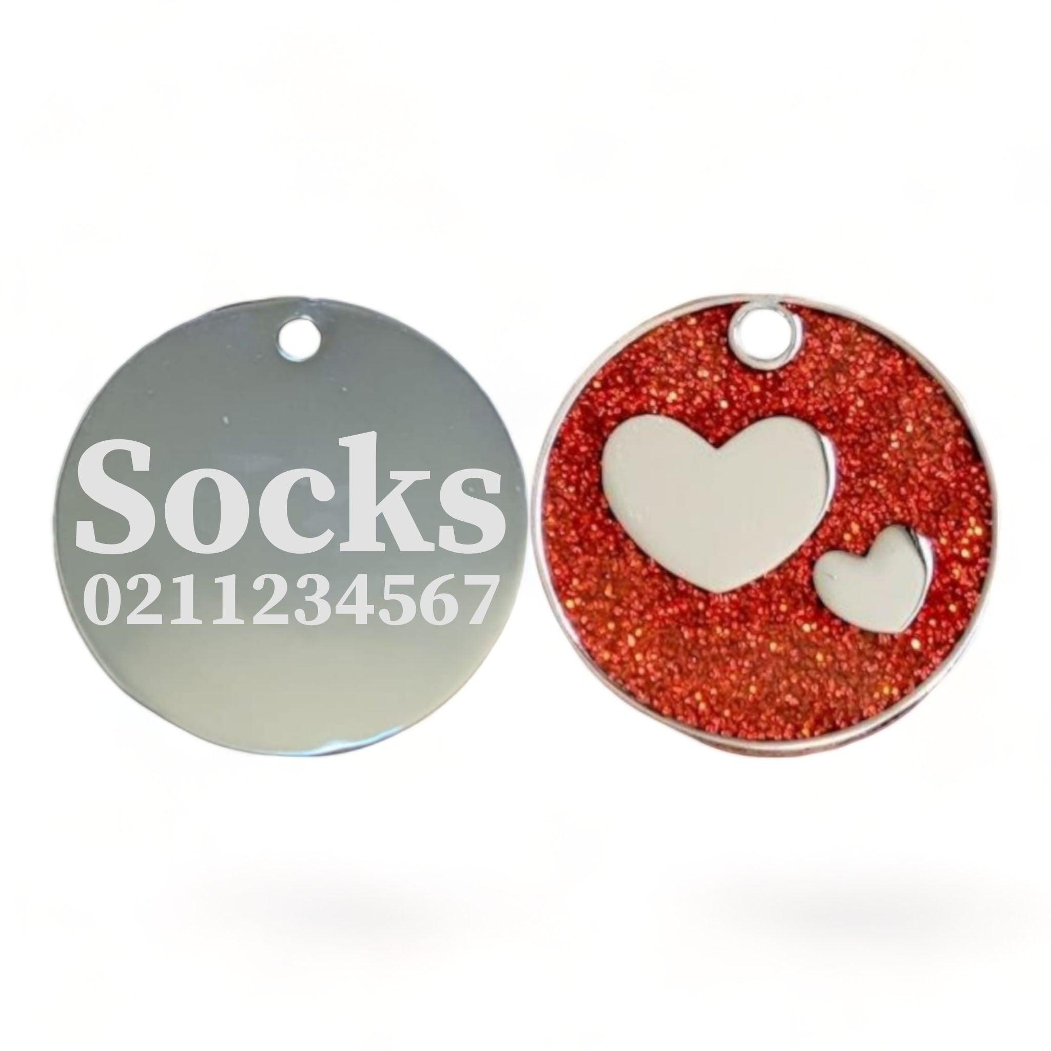 ⭐️Purr. Meow. Woof.⭐️ - Glitter Heart Round Cat & Dog ID Pet Tag - FireBrick