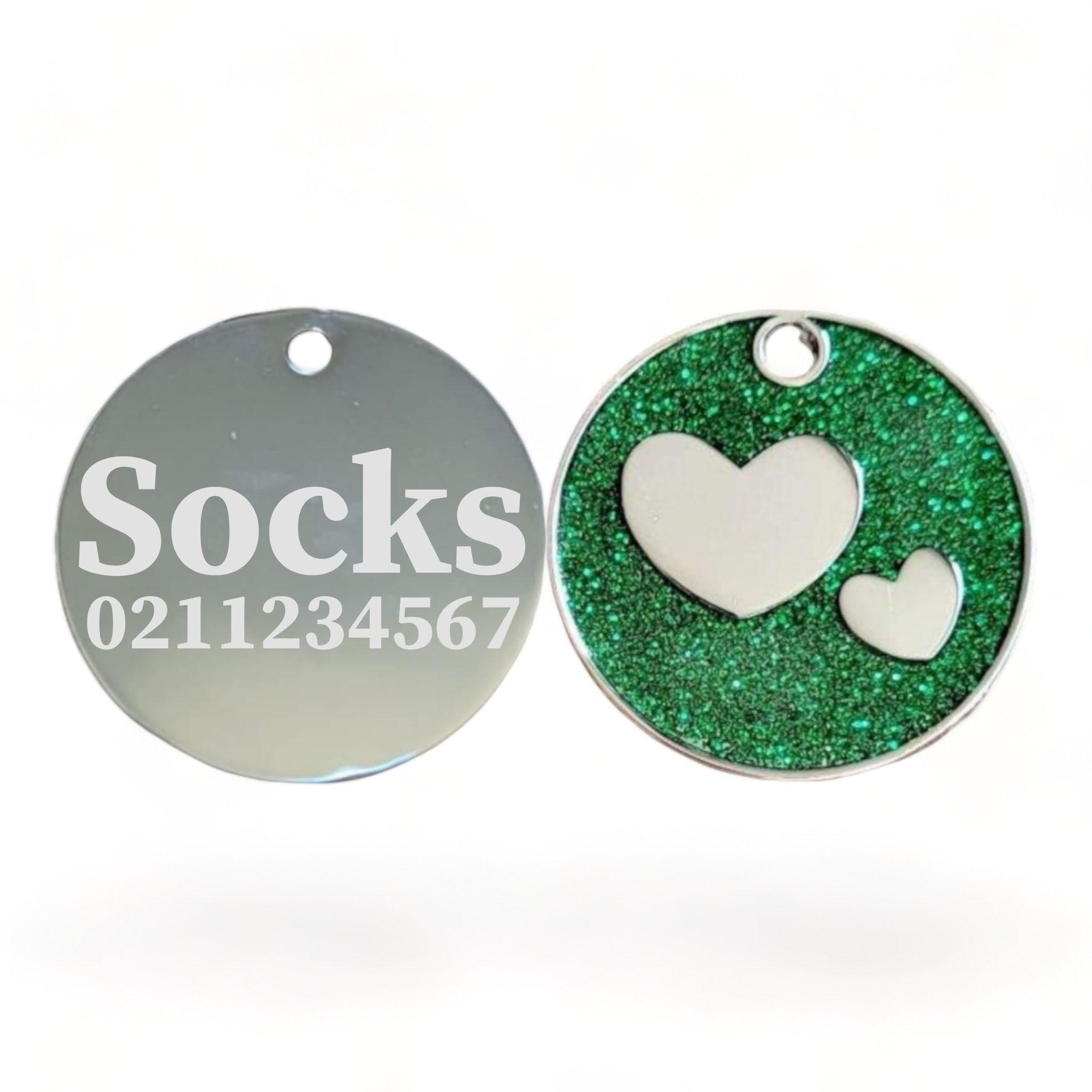 ⭐️Purr. Meow. Woof.⭐️ - Glitter Heart Round Cat & Dog ID Pet Tag - Green