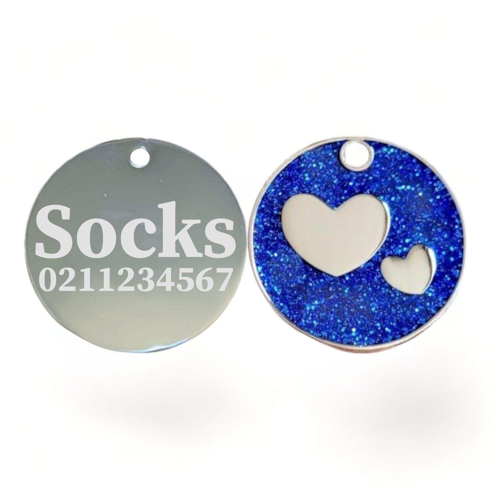 ⭐️Purr. Meow. Woof.⭐️ - Glitter Heart Round Cat & Dog ID Pet Tag - RoyalBlue