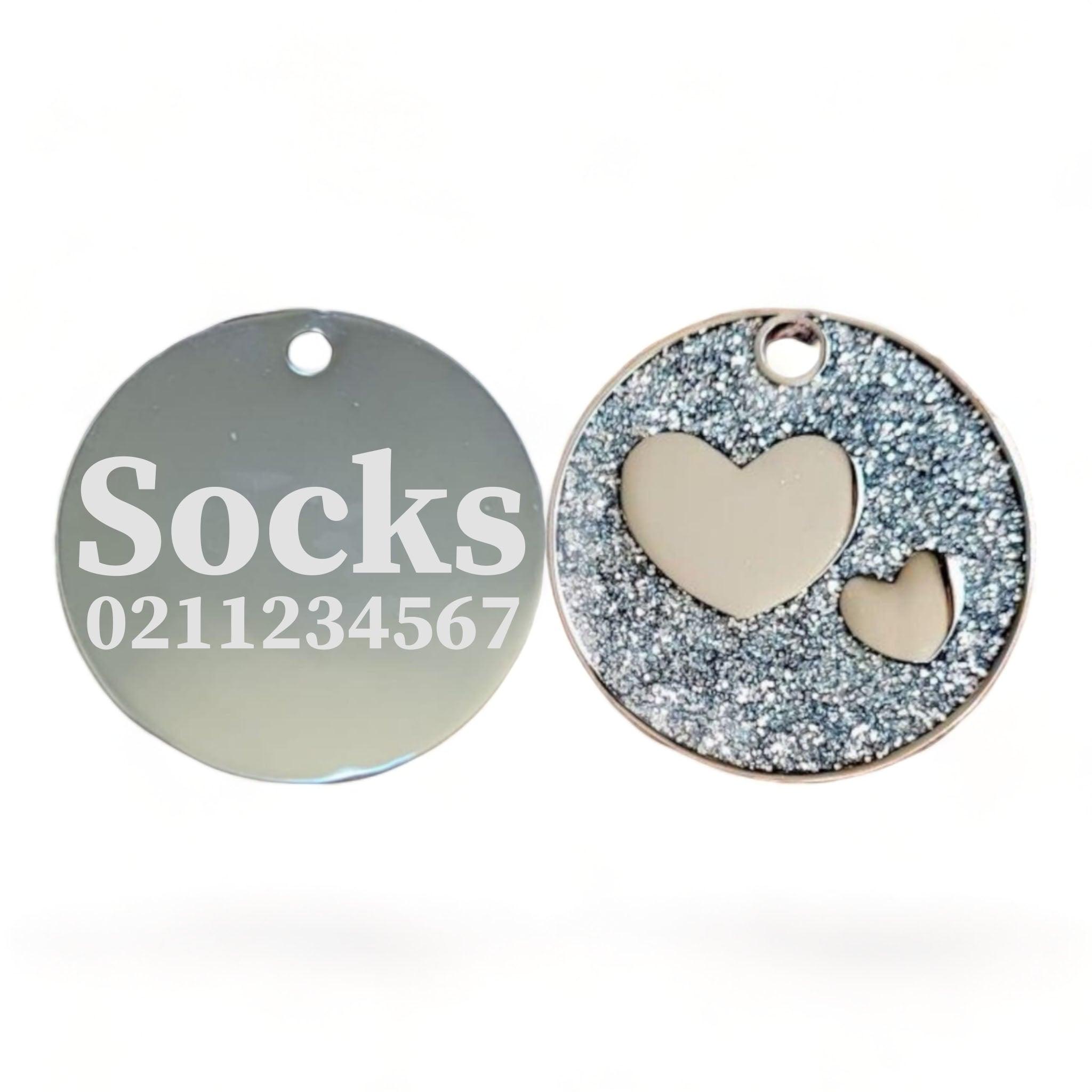 ⭐️Purr. Meow. Woof.⭐️ - Glitter Heart Round Cat & Dog ID Pet Tag - White