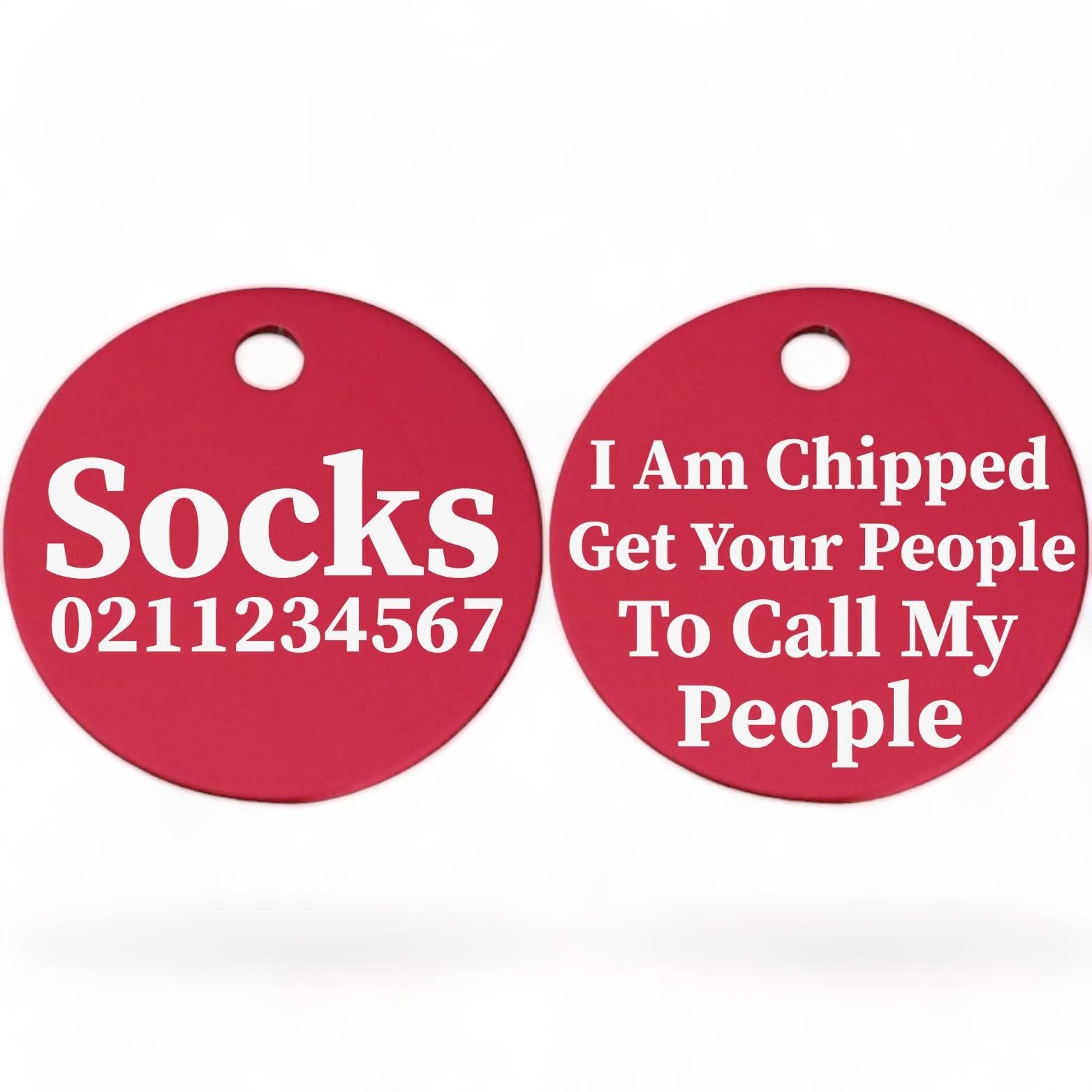 ⭐️Purr. Meow. Woof.⭐️ - I am Chipped, Get Your People To Call My People | Round Aluminium | Cat & Kitten ID Pet Tag - DeepPink