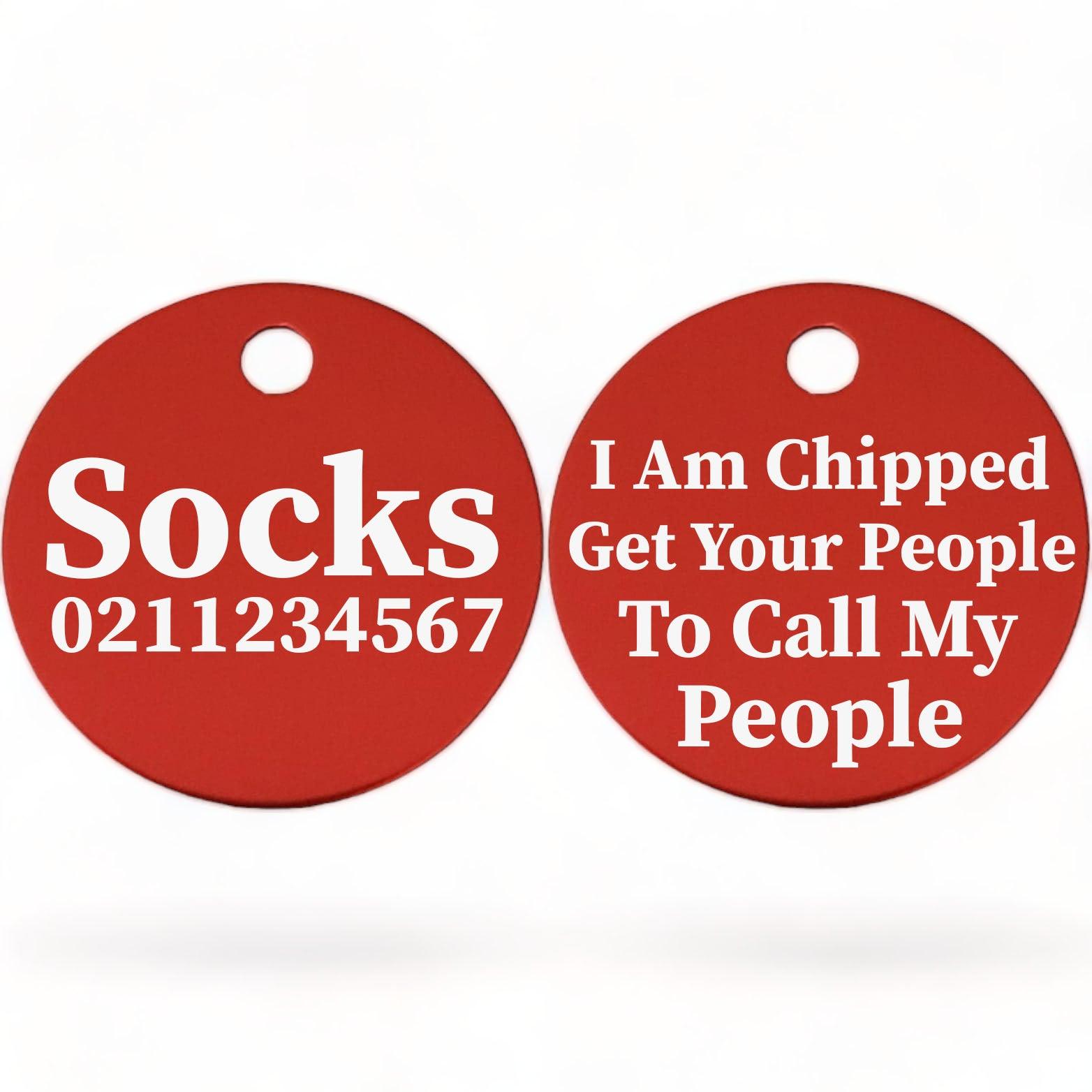⭐️Purr. Meow. Woof.⭐️ - I am Chipped, Get Your People To Call My People | Round Aluminium | Cat & Kitten ID Pet Tag - Firebrick