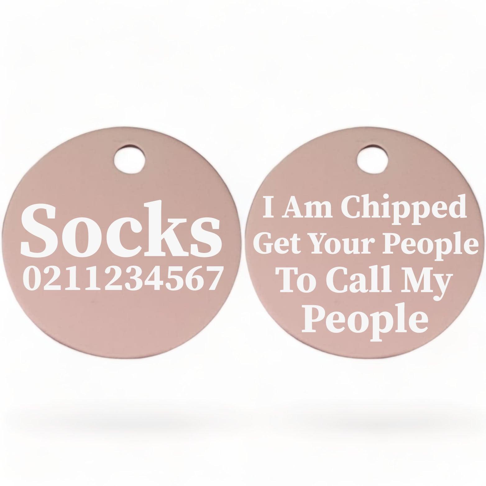 ⭐️Purr. Meow. Woof.⭐️ - I am Chipped, Get Your People To Call My People | Round Aluminium | Cat & Kitten ID Pet Tag - LightPink