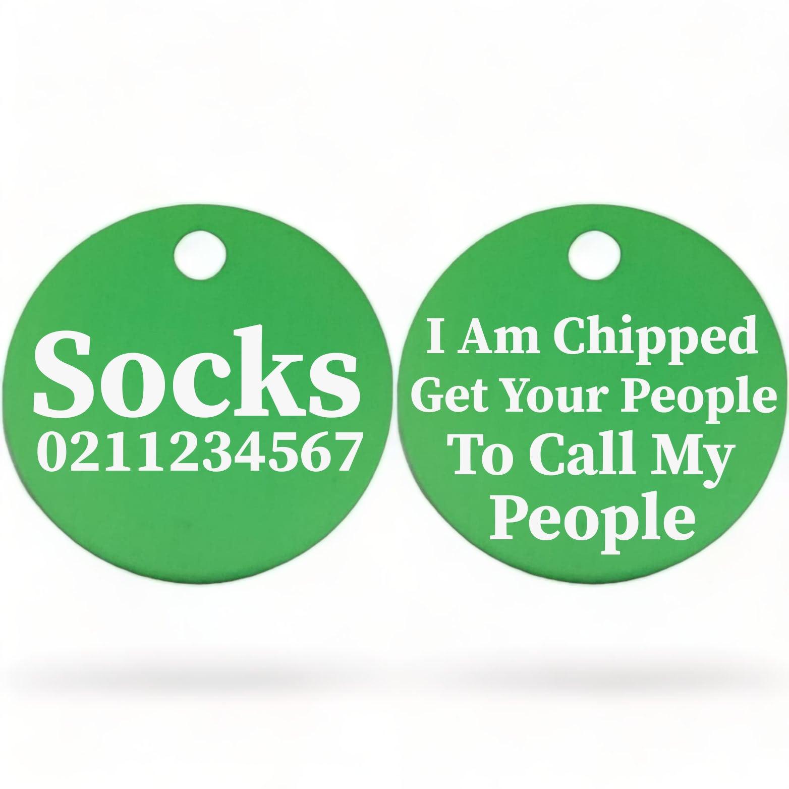 ⭐️Purr. Meow. Woof.⭐️ - I am Chipped, Get Your People To Call My People | Round Aluminium | Cat & Kitten ID Pet Tag - MediumSpringGreen