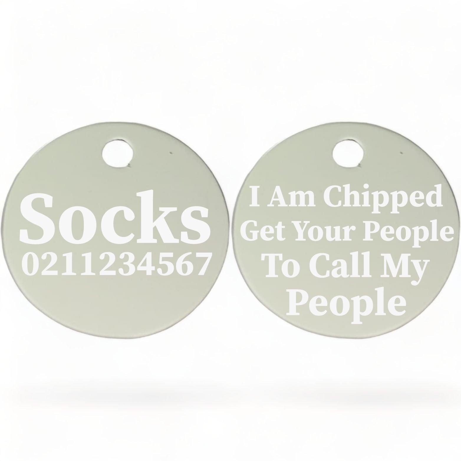 ⭐️Purr. Meow. Woof.⭐️ - I am Chipped, Get Your People To Call My People | Round Aluminium | Cat & Kitten ID Pet Tag - Silver