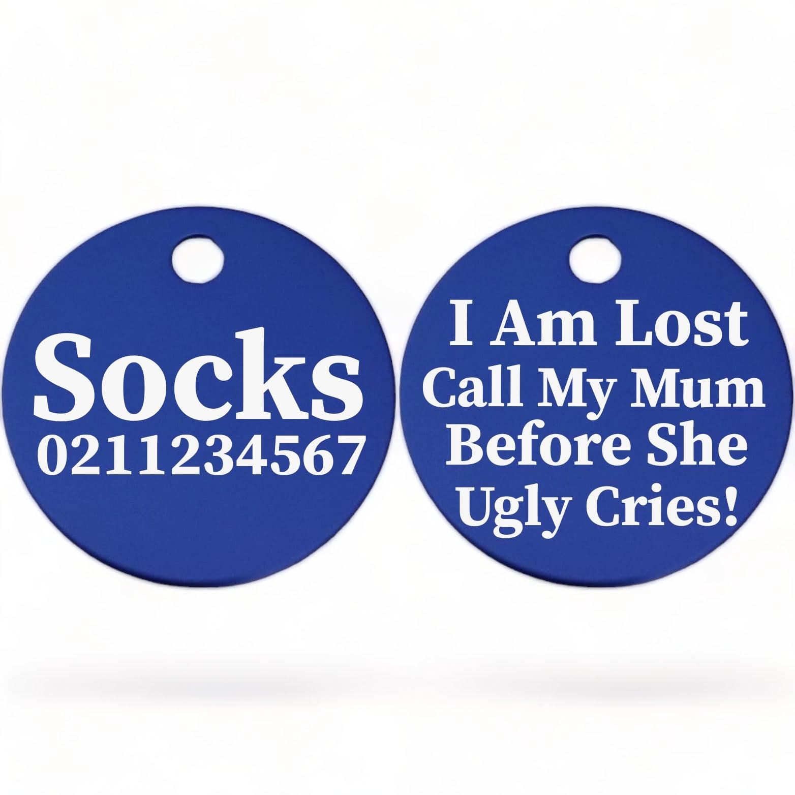 ⭐️Purr. Meow. Woof.⭐️ - I am lost, call my mum/dad before he/she ugly cries | Round Aluminium | Cat & Kitten ID Pet Tag - RoyalBlue / Mum