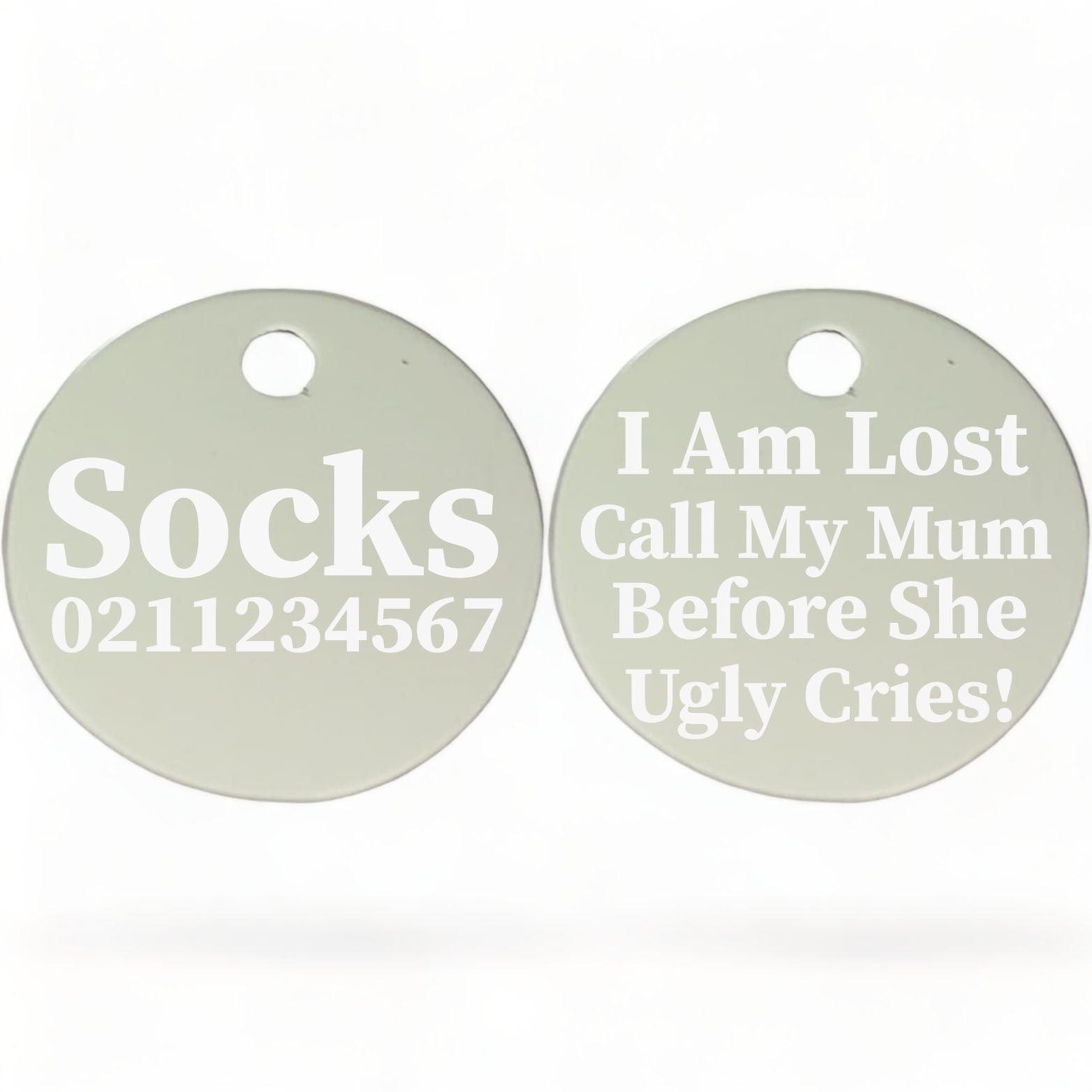 ⭐️Purr. Meow. Woof.⭐️ - I am lost, call my mum/dad before he/she ugly cries | Round Aluminium | Cat & Kitten ID Pet Tag - Silver / Mum