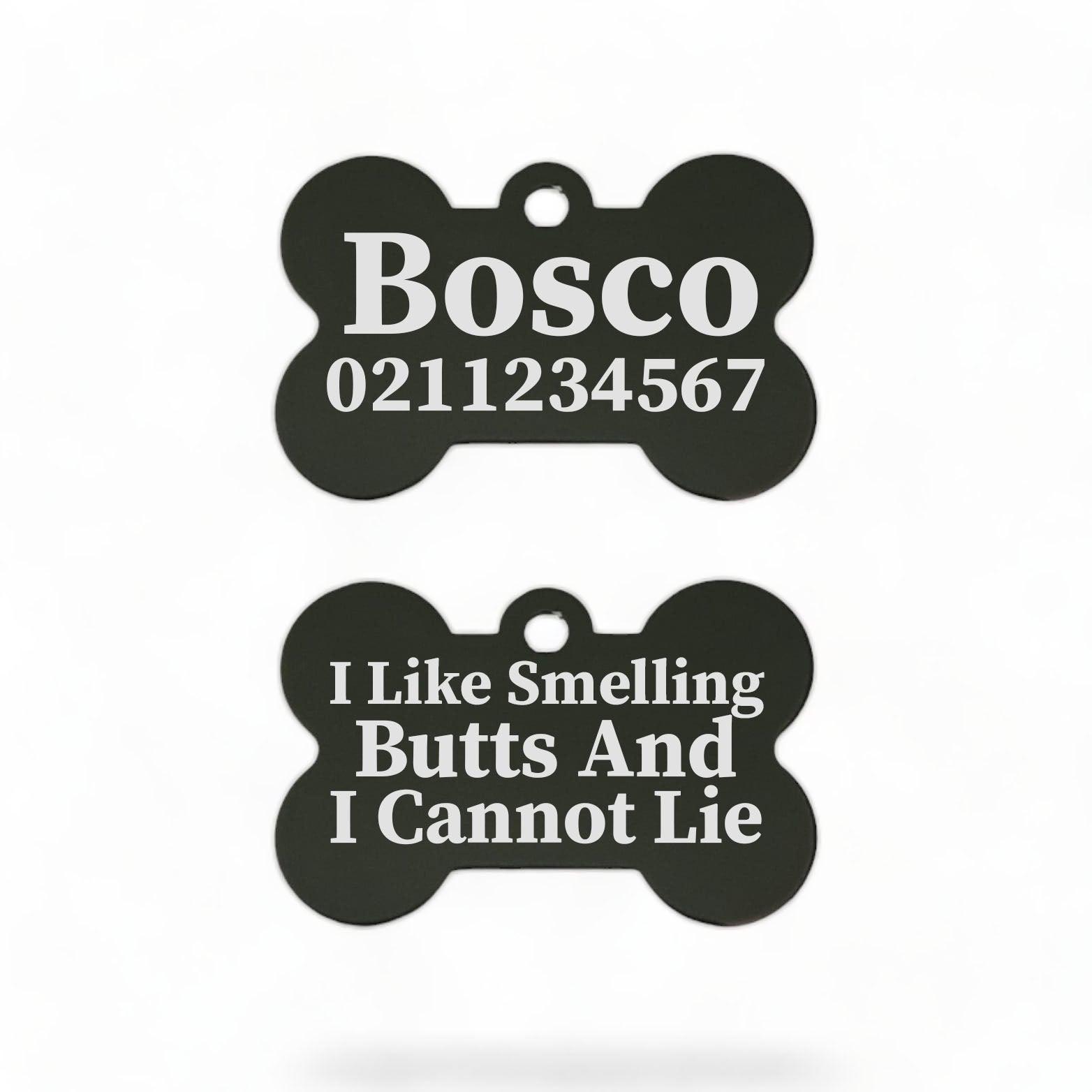 ⭐️Purr. Meow. Woof.⭐️ - I Like Smelling Butts | Bone Aluminium | Dog ID Pet Tag - Black