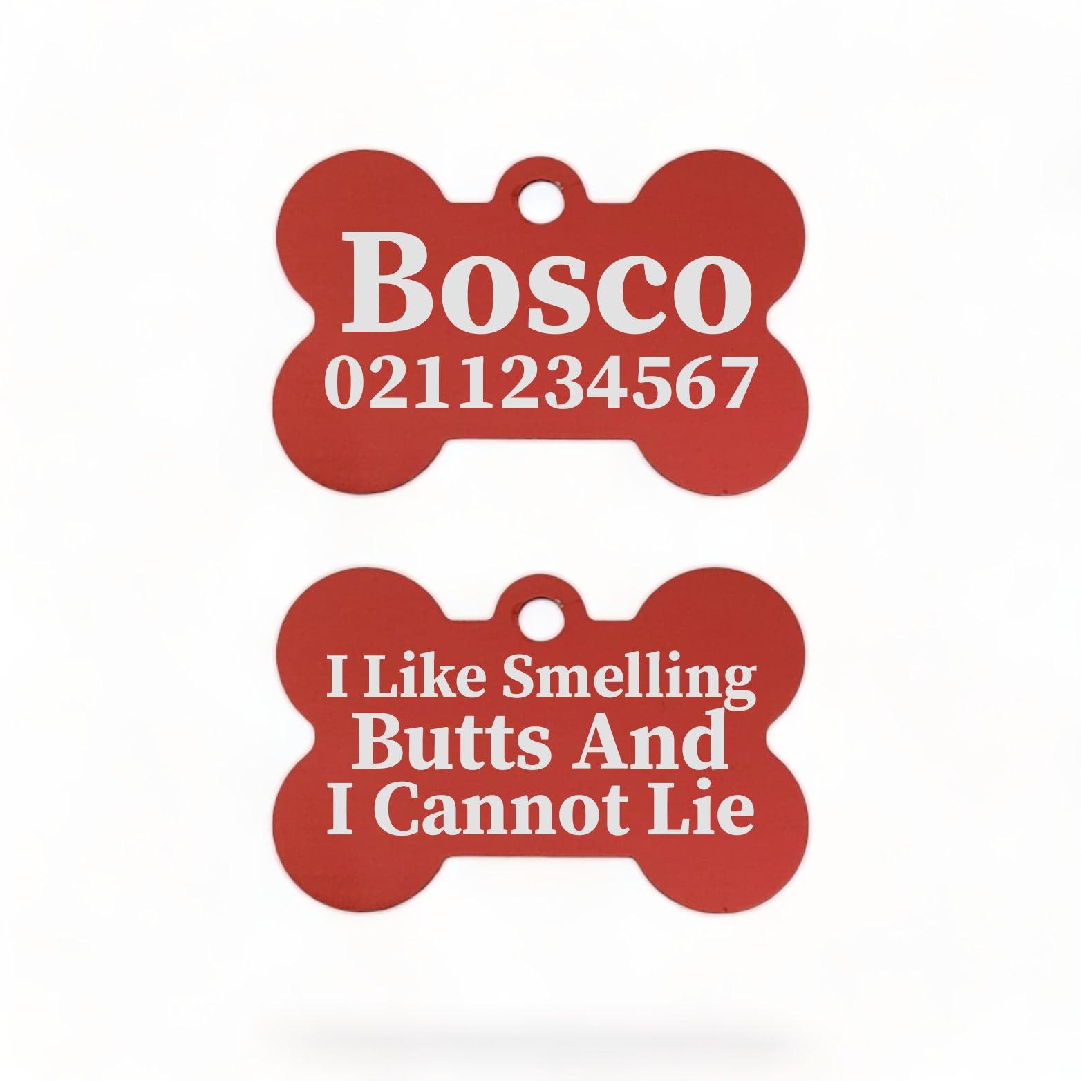 ⭐️Purr. Meow. Woof.⭐️ - I Like Smelling Butts | Bone Aluminium | Dog ID Pet Tag - FireBrick