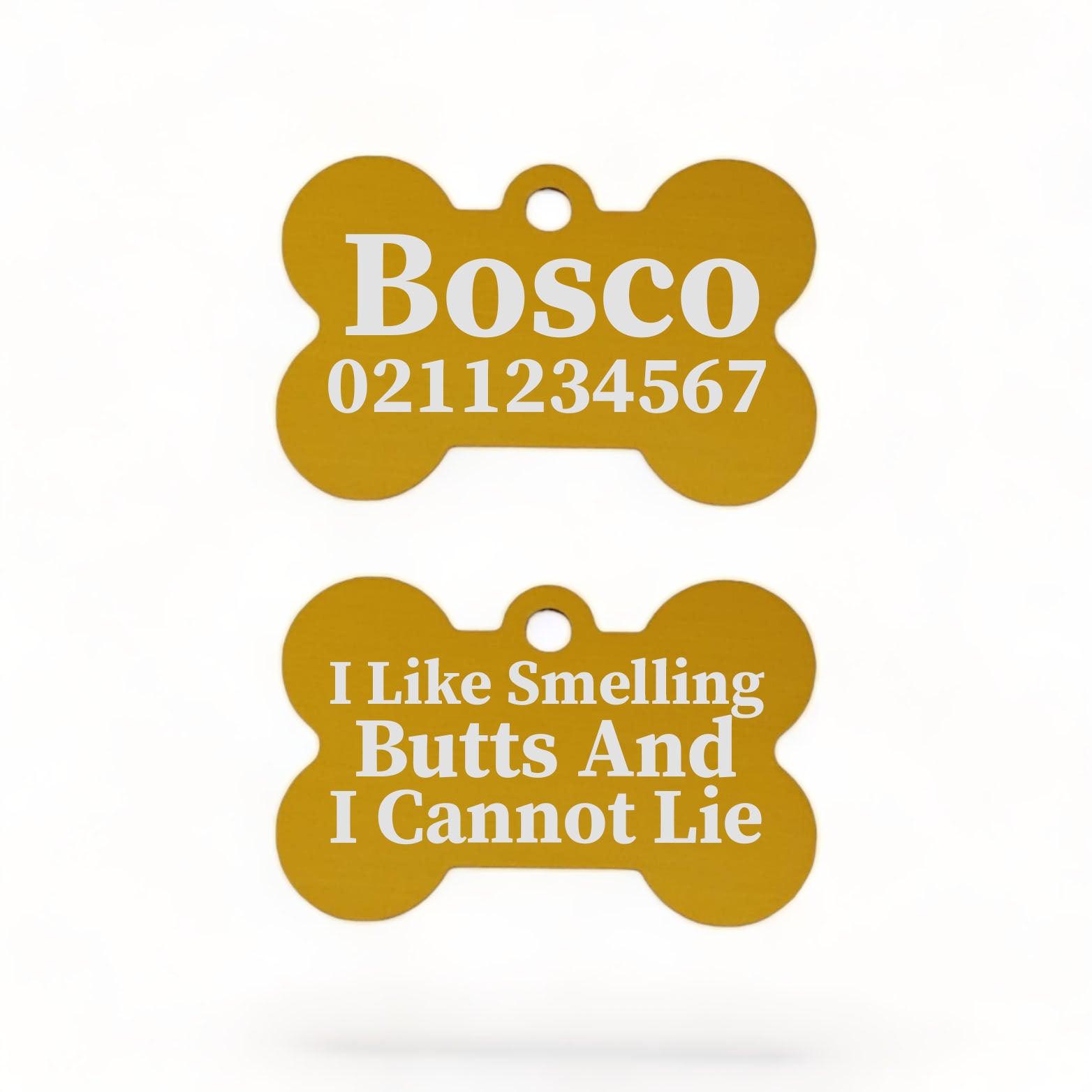 ⭐️Purr. Meow. Woof.⭐️ - I Like Smelling Butts | Bone Aluminium | Dog ID Pet Tag - Gold