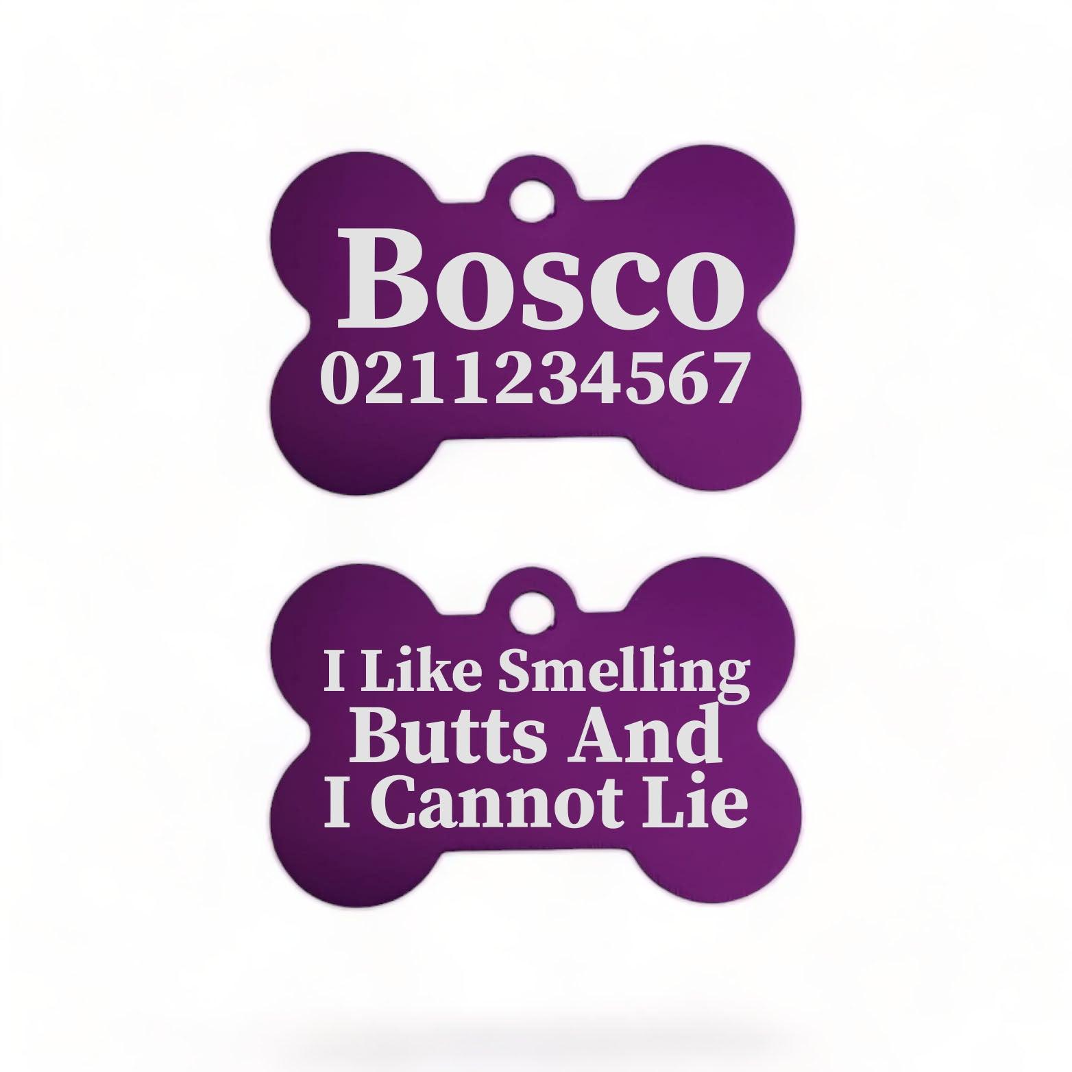 ⭐️Purr. Meow. Woof.⭐️ - I Like Smelling Butts | Bone Aluminium | Dog ID Pet Tag - Purple