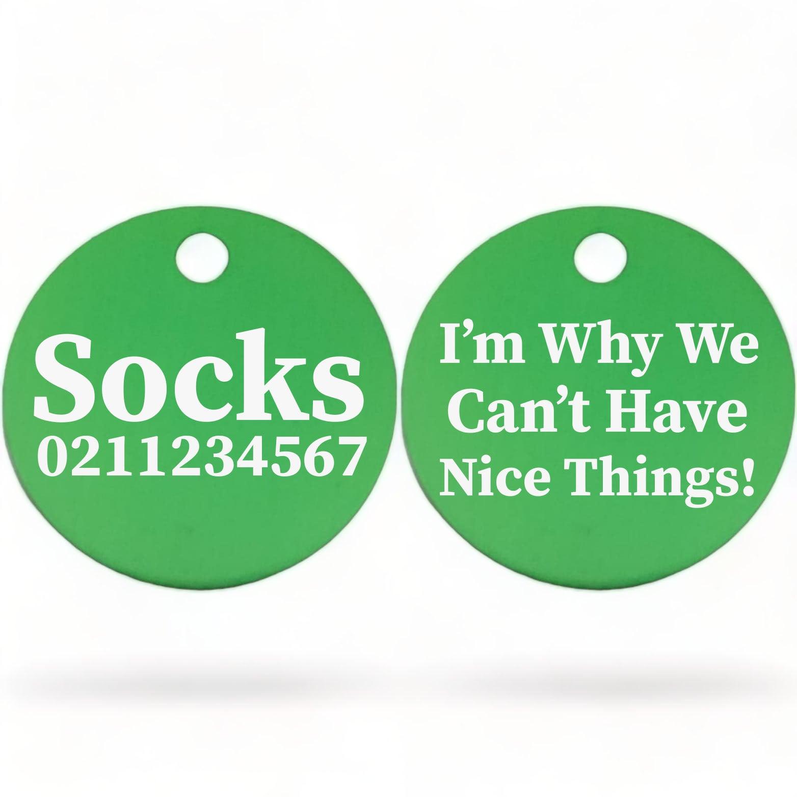 ⭐️Purr. Meow. Woof.⭐️ - I'm Why We Can't Have Nice Things! | Round Aluminium | Cat & Kitten ID Pet Tag - MediumSpringGreen