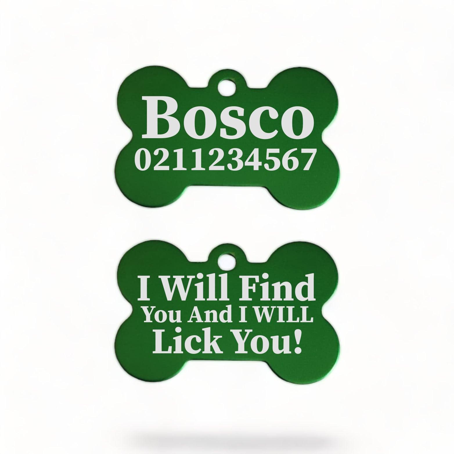 ⭐️Purr. Meow. Woof.⭐️ - I Will Find You & I Will Lick You | Bone Aluminium | Dog ID Pet Tag - MediumSpringGreen