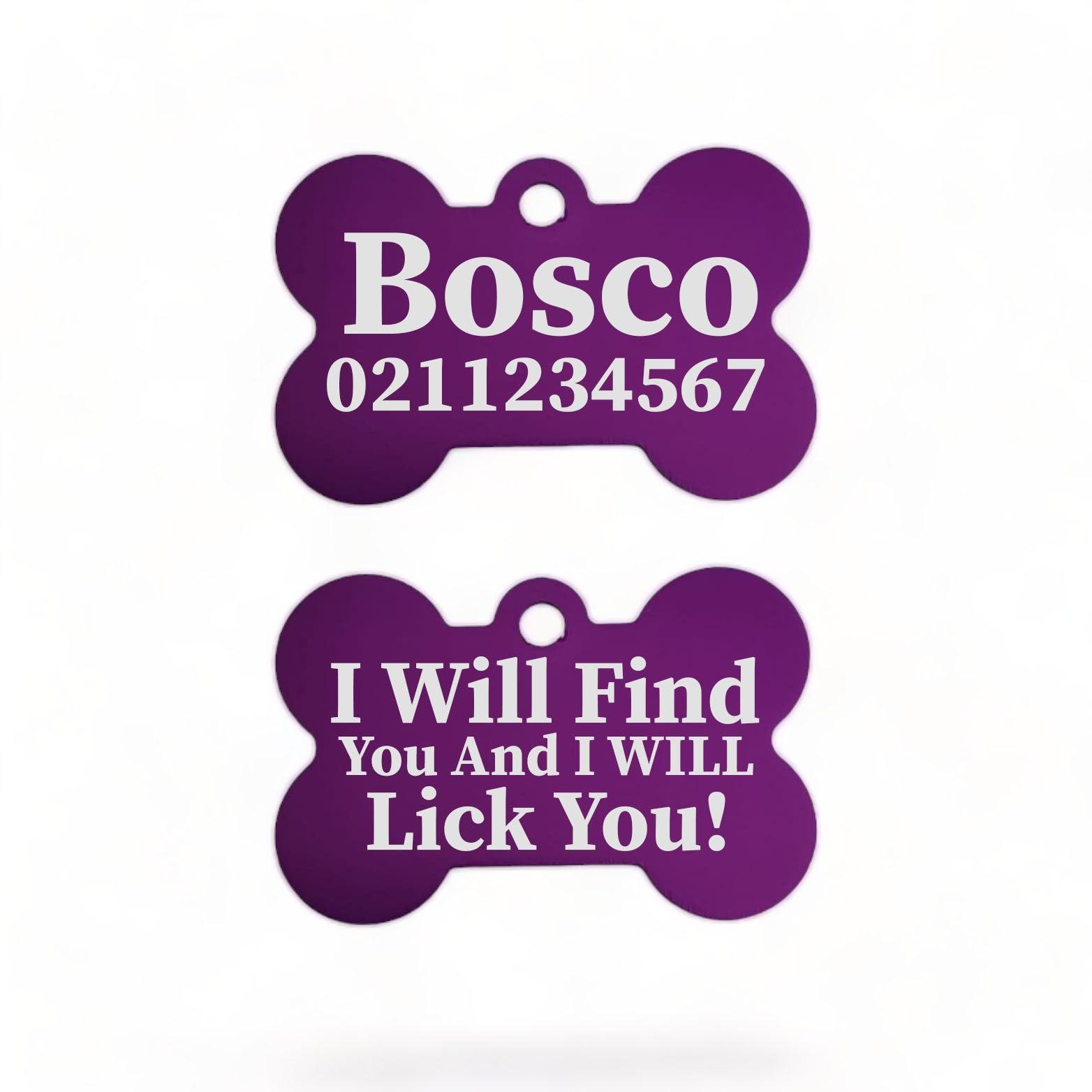 ⭐️Purr. Meow. Woof.⭐️ - I Will Find You & I Will Lick You | Bone Aluminium | Dog ID Pet Tag - Purple