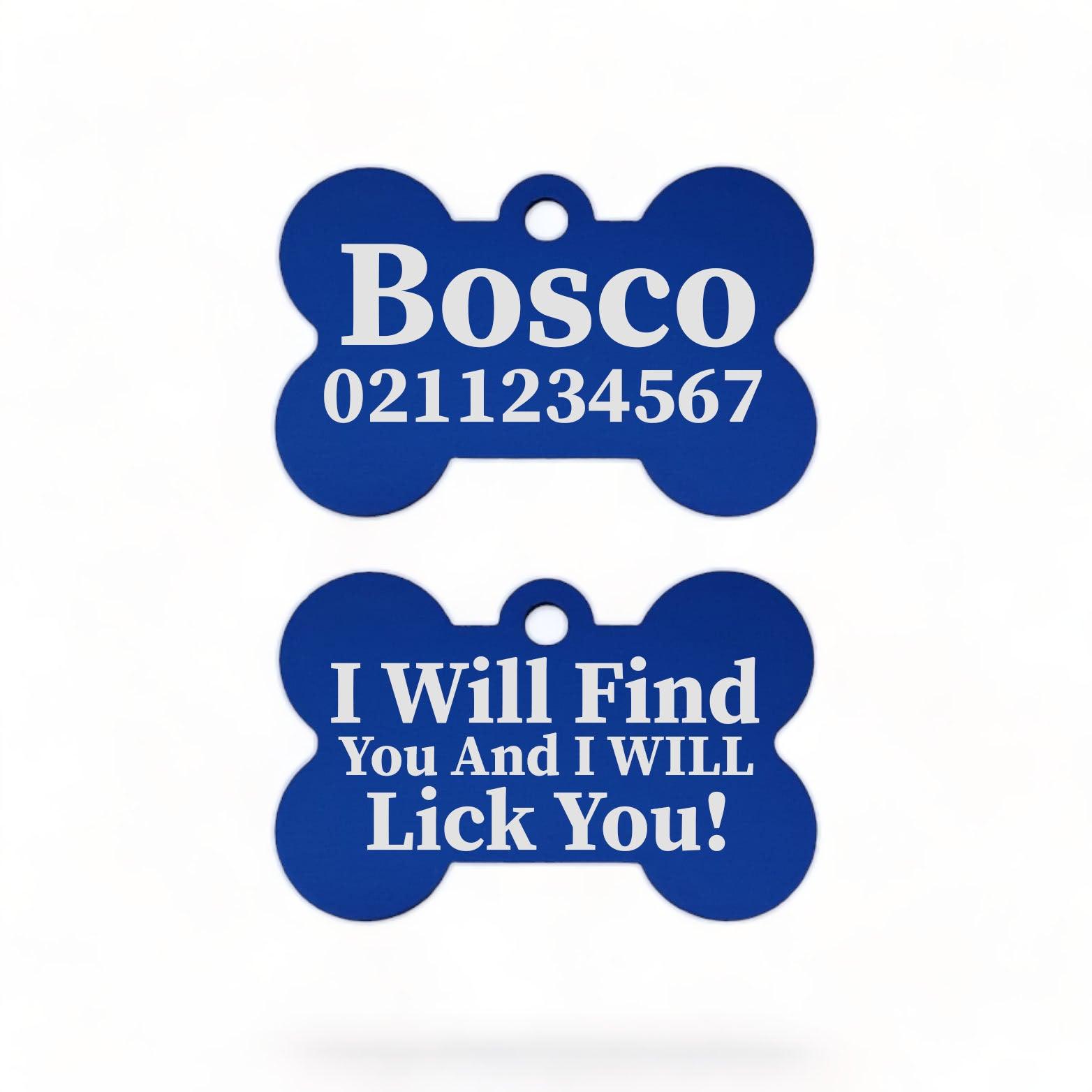 ⭐️Purr. Meow. Woof.⭐️ - I Will Find You & I Will Lick You | Bone Aluminium | Dog ID Pet Tag - RoyalBlue