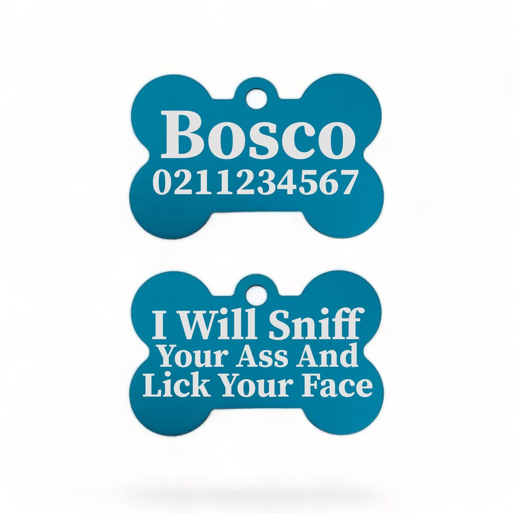 ⭐️Purr. Meow. Woof.⭐️ - I Will Sniff Your Ass & Lick Your Face | Bone Aluminium | Dog ID Pet Tag - DodgerBlue